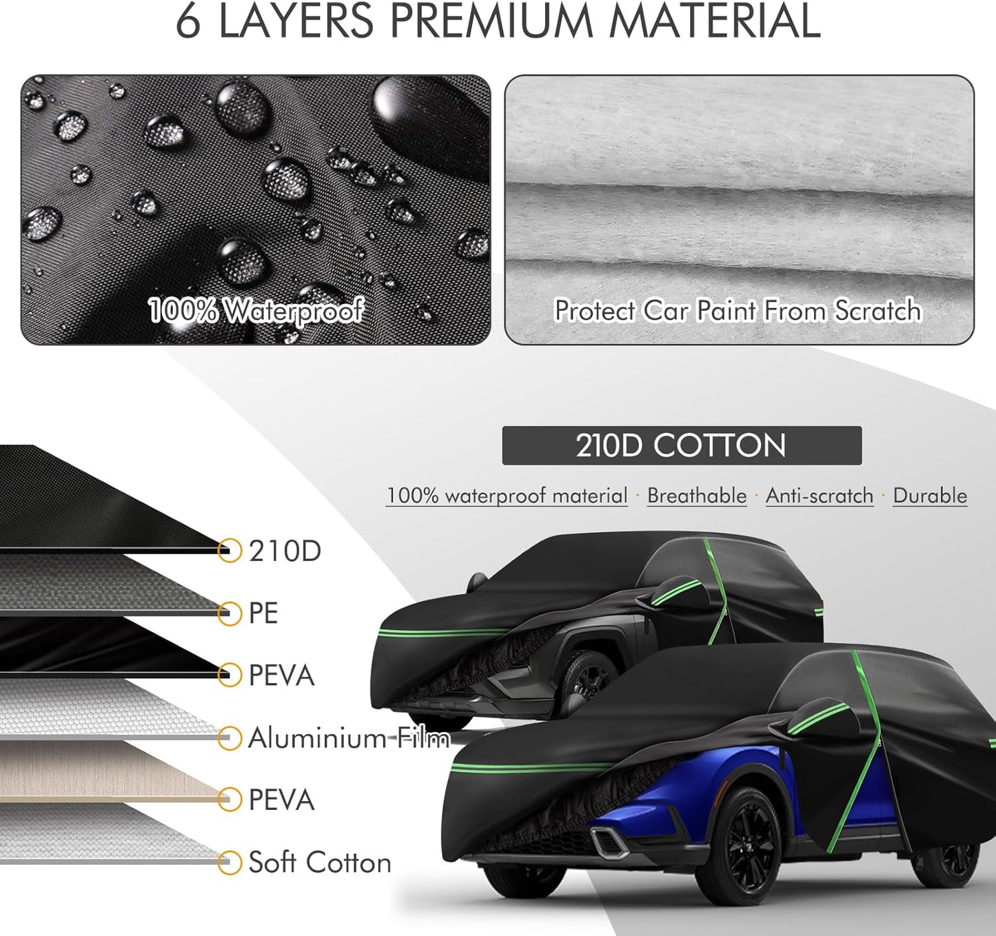 Car Cover for Honda CRV 1997-2025, Toyota RAV4 1996-2025, 210D Outdoor Waterproof UV Protection, Rain Sun Snow Protector with Cotton Layer, Zipper Door, Reflective Strip, Storage Bag