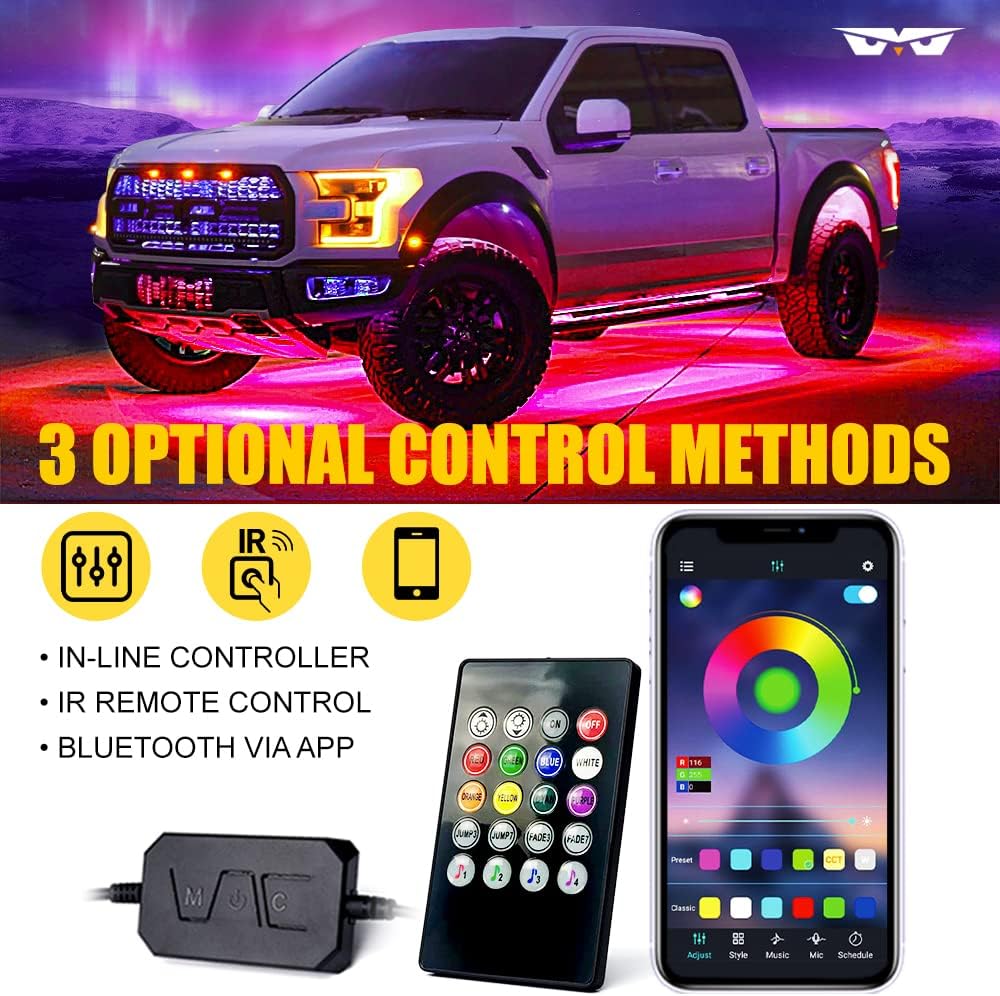 LUMENIX Double Row RGB LED Car Underglow Lights Kit, 4PCS Exterior Neon Accent Bluetooth Under Glow Light Strip for Cars SUVs Trucks Van, w/Dynamic Music & DIY Mode Underbody Chase Lights