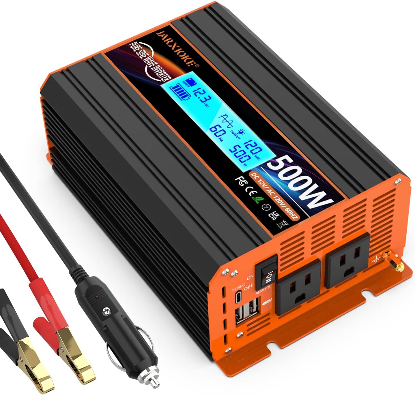500 Watt Pure Sine Wave Power Inverter 12V DC to 110V 120V Converter for Home, RV and Off-Grid Solar Systems with Type-C Port, 2 AC Outlets, 2 USB Ports, LCD Display