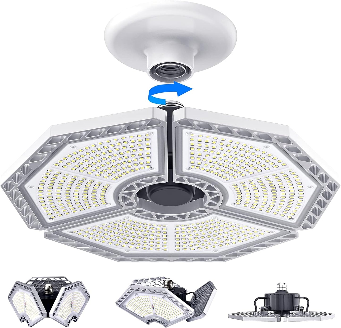 KERNOWO LED Garage Lights, 140W 18500 Lumens Garage Lighting, 6000K Daylight with Deformable Three Panel Ceiling Light Fixture E26/E27 Triple Glow LED Shop Light for Basement Workshop Warehouse