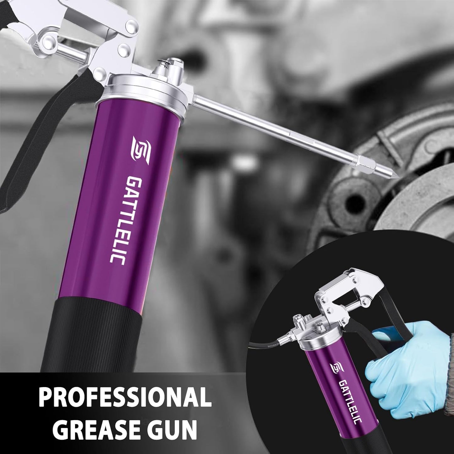 8000 PSI Heavy Duty Grease Gun Kit - 14oz with Flex Hose, Sharp Nozzle, Extension Pipe & Coupler, Purple