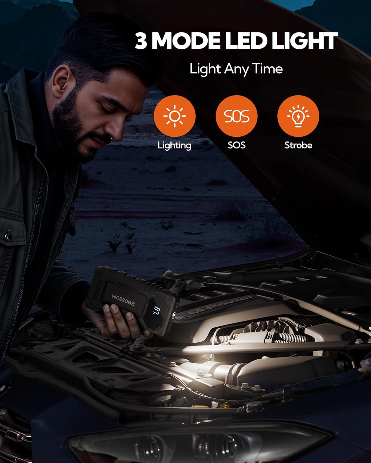 Car Battery Jump Starter,12000mAh Battery Jump Box,44.4Wh Vehicle Jump Booster with Smart Jumper Cables,LED Light Emergency Car Kits for Vehicles,Arrancador Ae Batería