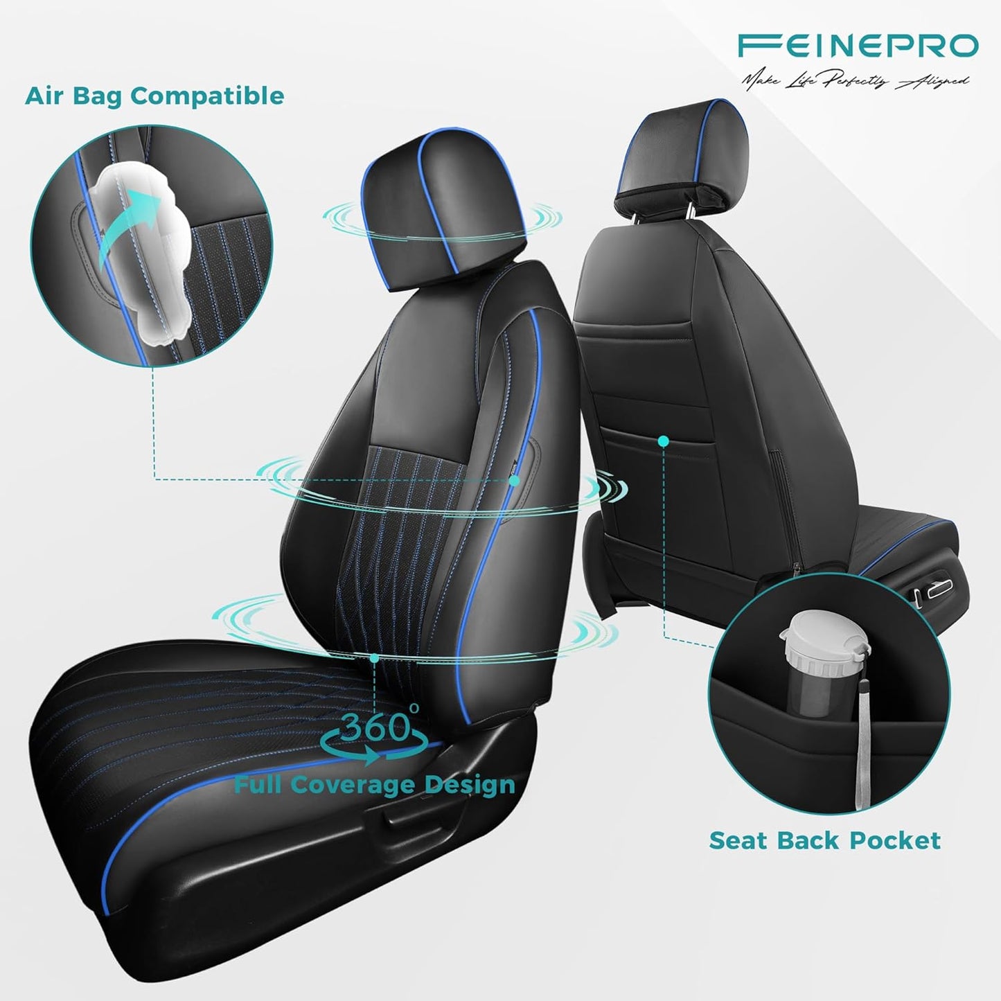 Seat Covers for Honda Civic Sedan EX-L, EX-T, EX, Touring, LX-P, Sport 2016 2017 2018 2019 2020 2021, Faux Leather Car Seats Cover Full Set(Rear Row 40/60 Split & Folding Backrest)-BlackBlue