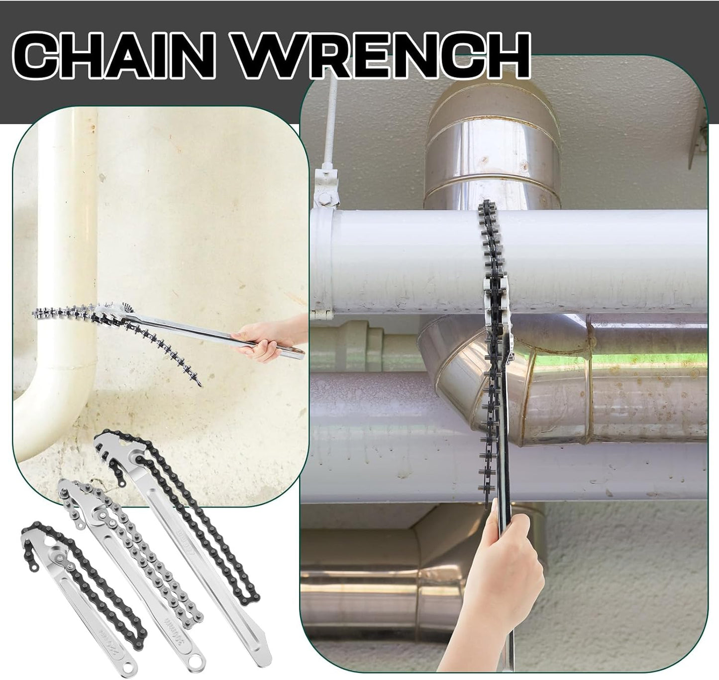 Lasnten 3 Pcs Large Reversible Chain Oil Filter Wrench with 12 16 9 Inch Chain Wrench Adjustable Heavy Duty Carbon Steel Sturdy Pipe Fitting Tool Spanner for Ratcheting Universal(Silver)