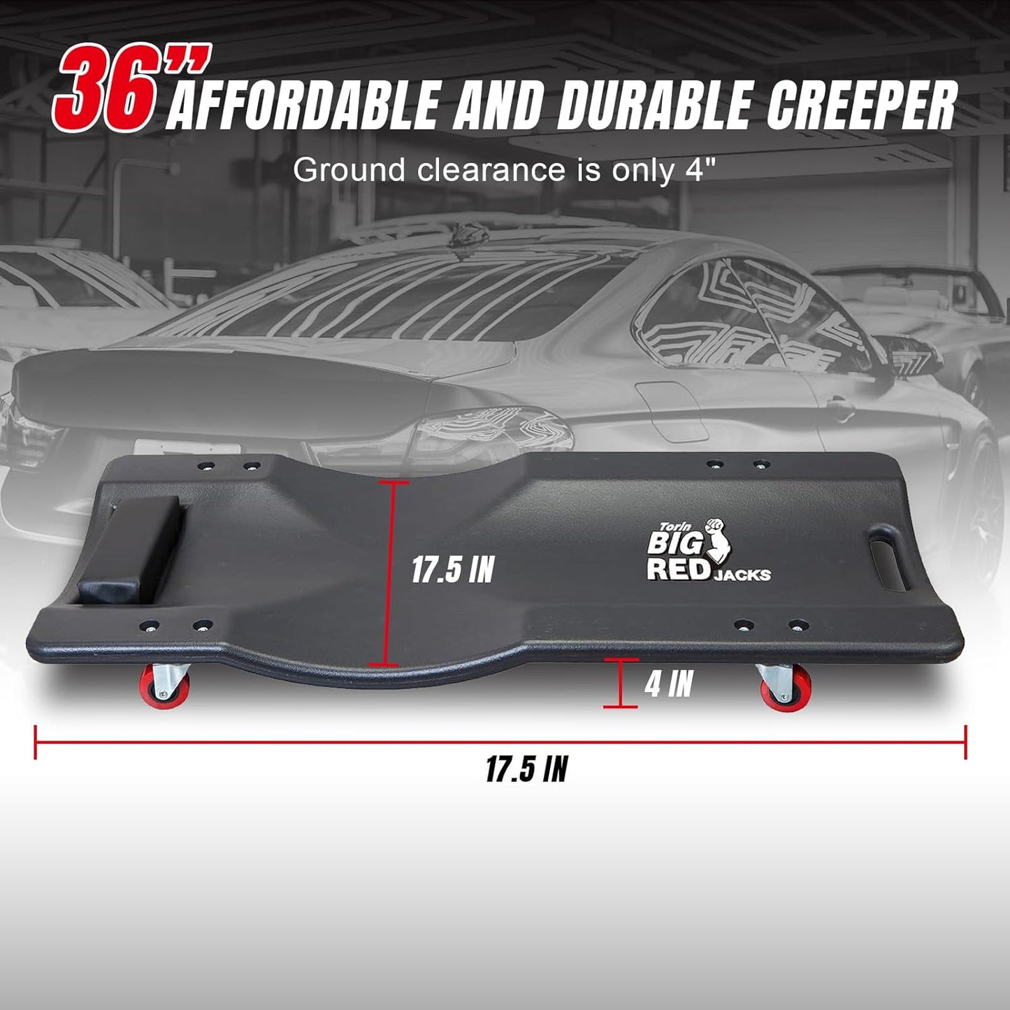 BIG RED Torin 36" Rolling Garage Creeper, Shop Creeper Blow Molded Plastic Mechanic Cart with Padded Headrest with 4 Casters, 350 LBS, Black