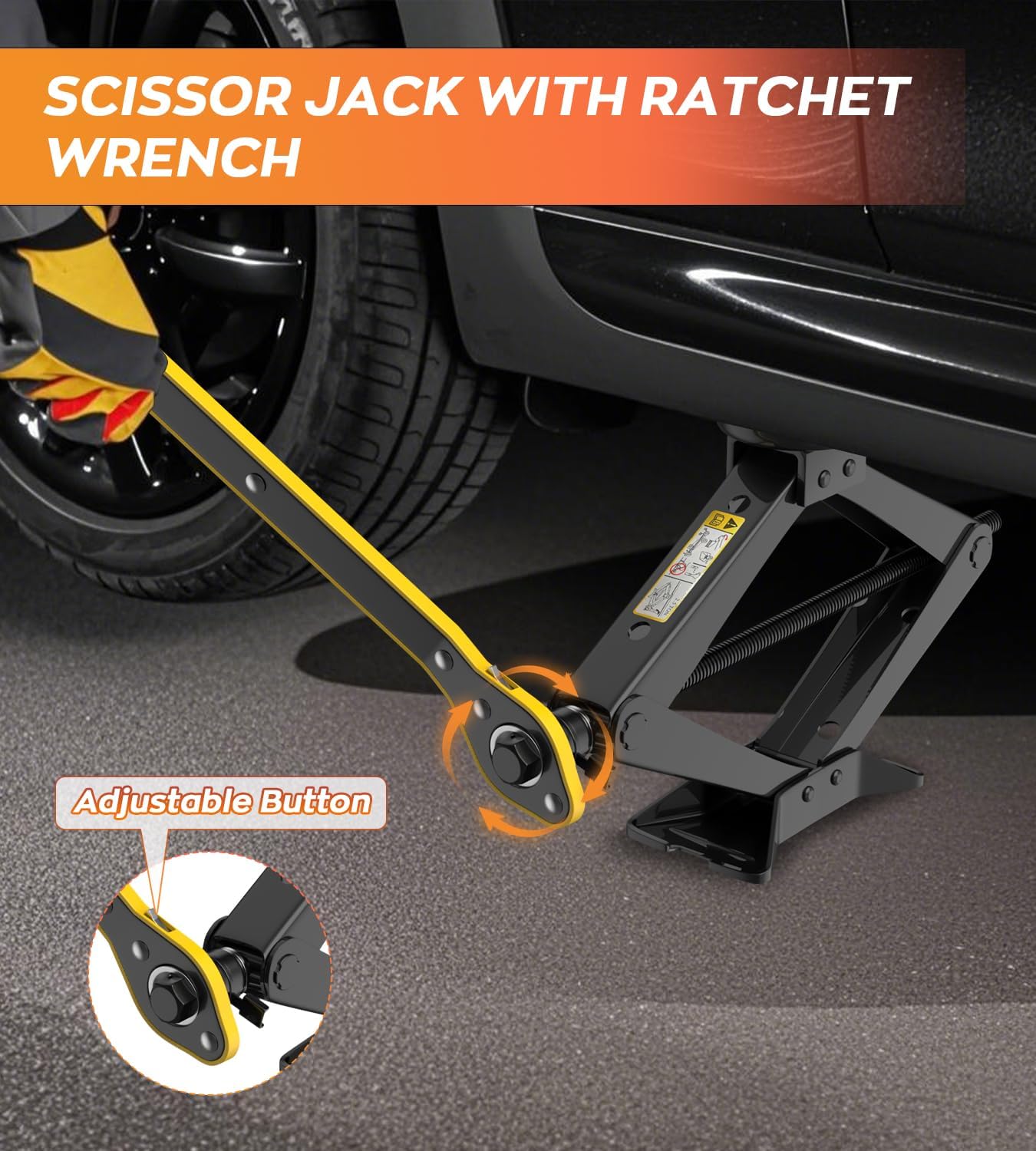 Car Jack Kit 2.5 Ton Scissor Jack with Ratchet Wrench, Tire Changing Kit Compatible with Various Circular Jack Pads