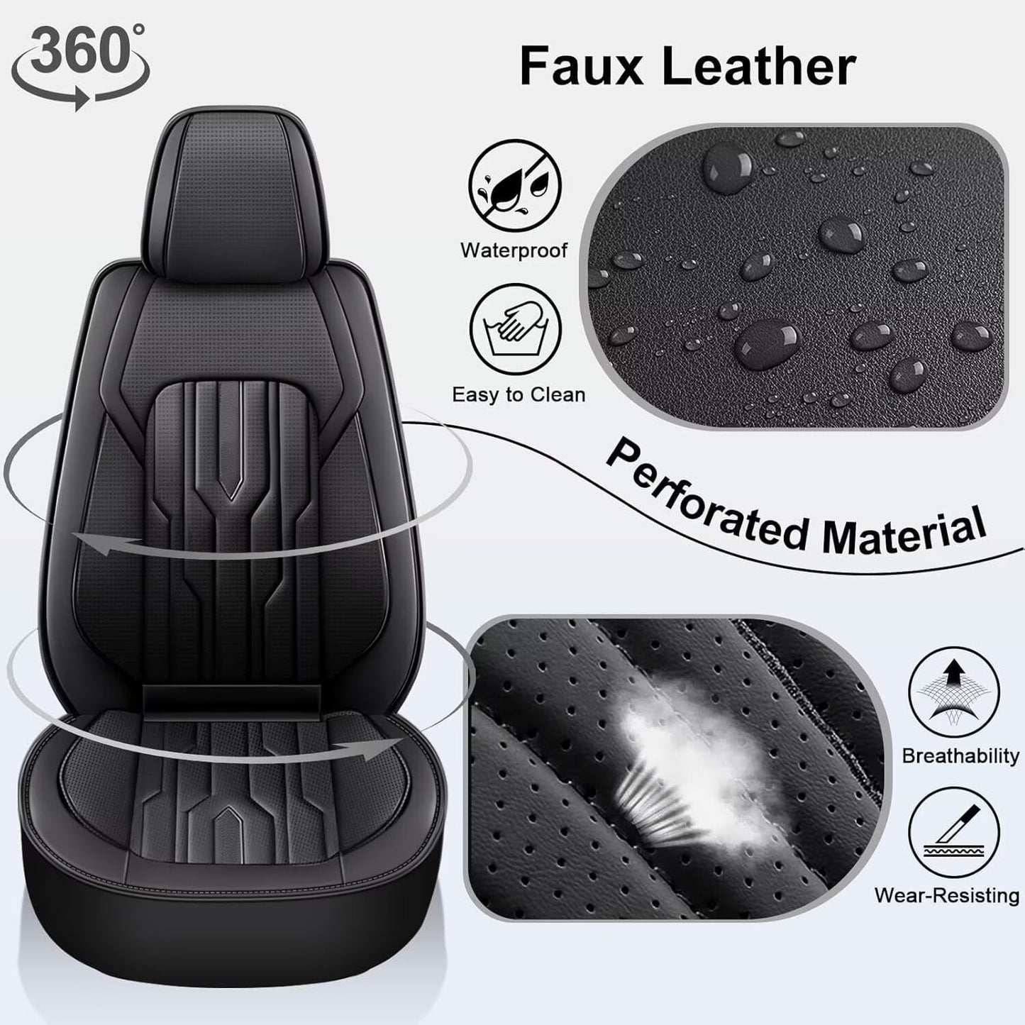 YORKNEIC Fit for Hyundai Kona Seat Covers 2018-2025: Leather Waterproof Car Seat Covers Anti-Slip Protector 2 Front Set (2 Seats, Black)