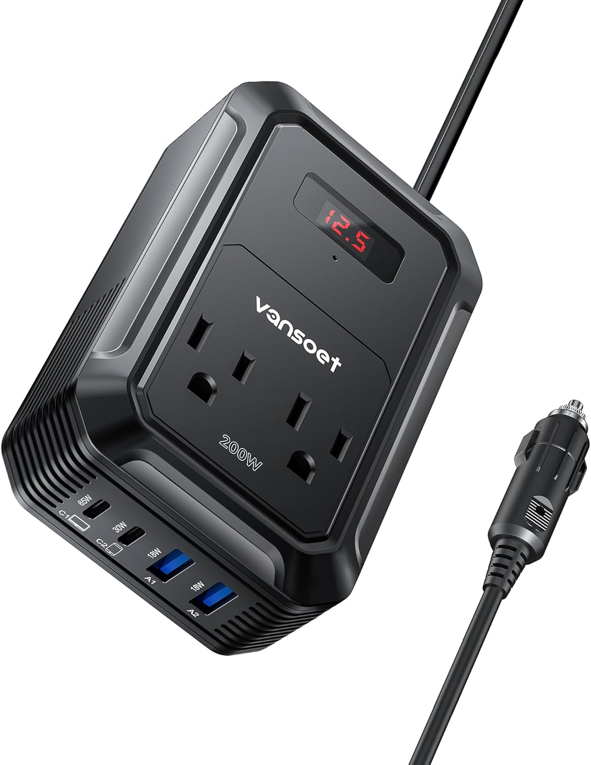 200W Car Power Inverter DC 12V to 110V AC Inverter with PD 65W/30W USB C & 2 QC 18W USB Ports & 2 AC Outlets,Car Pluɡ Adapter Outlet for Laptop/Phone/Road Trip