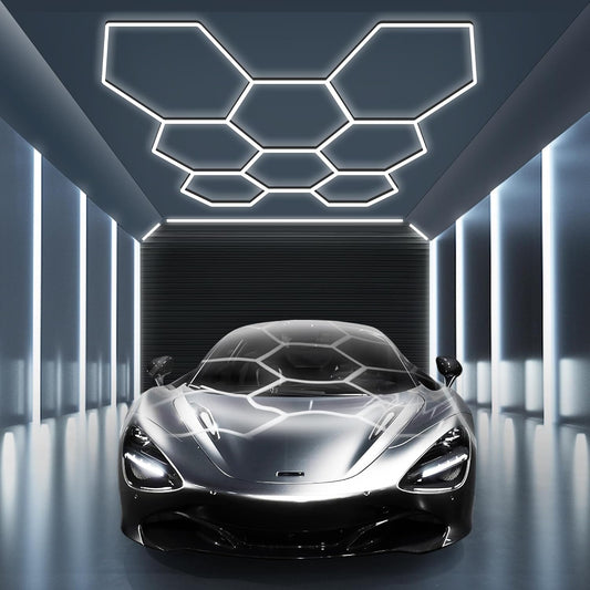MODERN Hexagon Garage Light: Higher Brightness 38880 Lumens Honeycomb Garage Light, 8 Grid Systems 6500K, Hexagon Garage Grid Lighting for Garage, Gym, Car Detailing Shop etc.