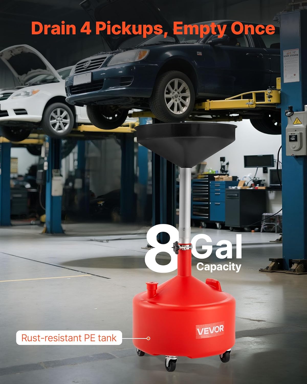 VEVOR 8 Gallon Waste Oil Drain Tank, Industrial Fluid Drain Tank with Adjustable Funnel Height, Portable Oil Drainer with Wheels, Fluid Fuel Transfer Drainage for Auto Repair Shops, Garages, Red