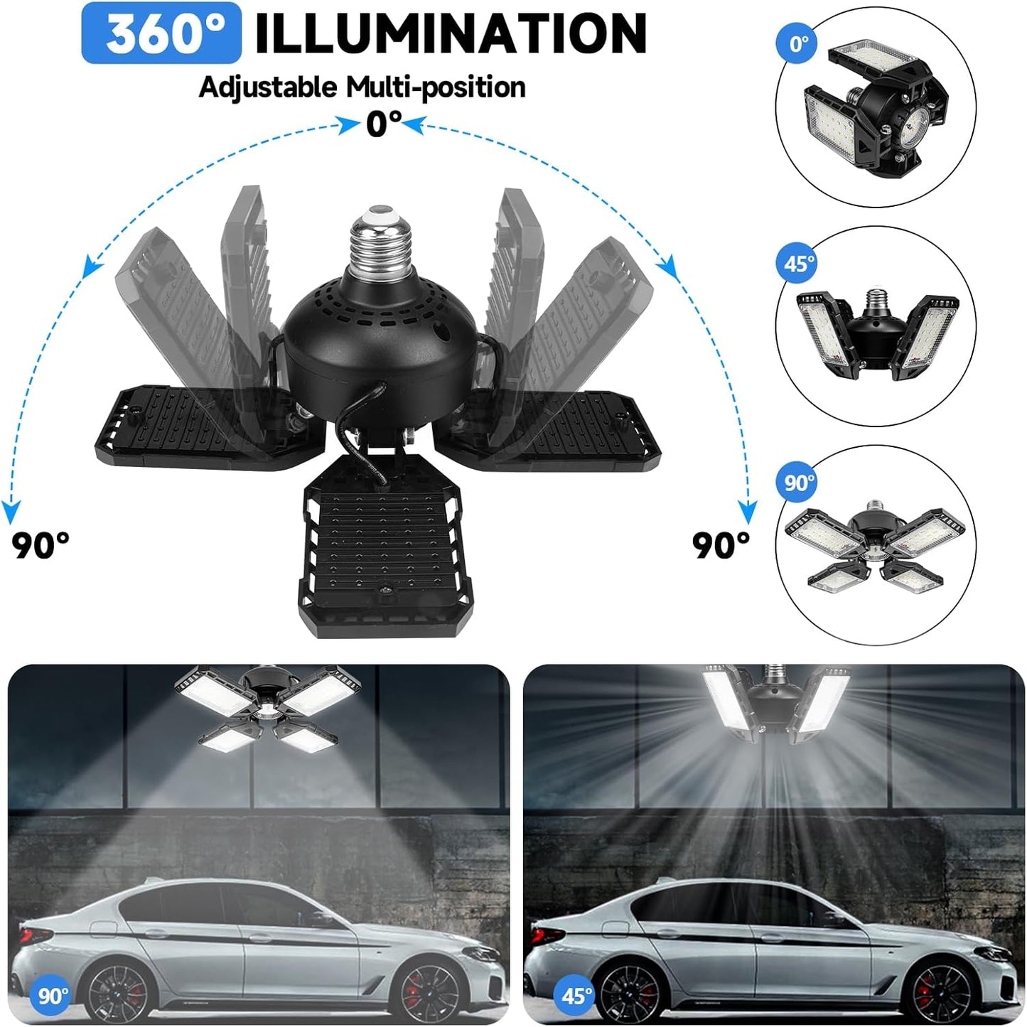 LED Garage Lights Bulb 2 Pack - 120W, 12000LM 6500K Led Shop Light with 4+1 Deformable Panels, Basement Barn Light, E26/E27 for Warehouse, Shop