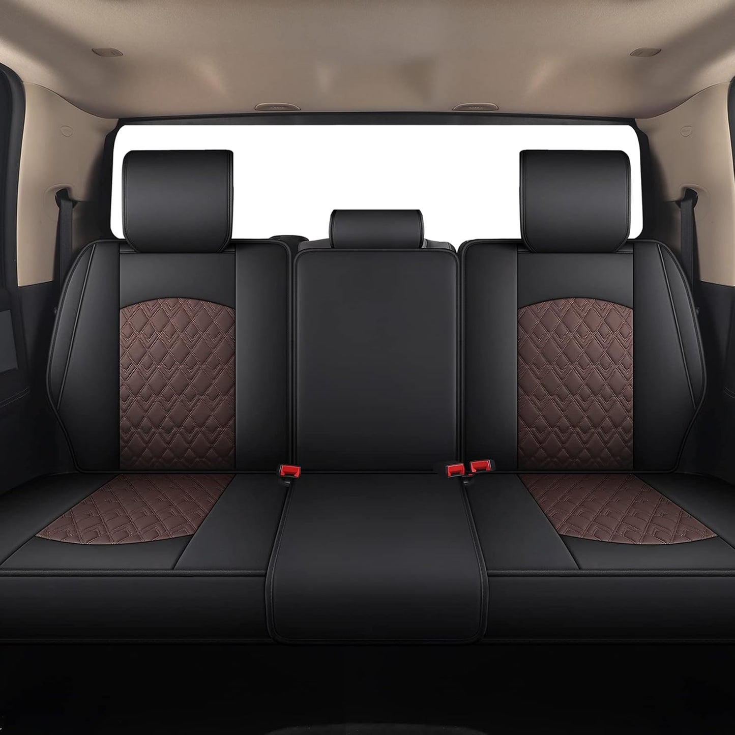 JOJOBAY Car Seat Covers for Dodge Ram,Fit Ram 2009-2025 1500/2500/3500 Pick-up Truck,Crew,Regular,Quad,Mega Cab,Waterproof Leather Automotive Interior Accessories（Rear Seat Cover,Black-Brown）