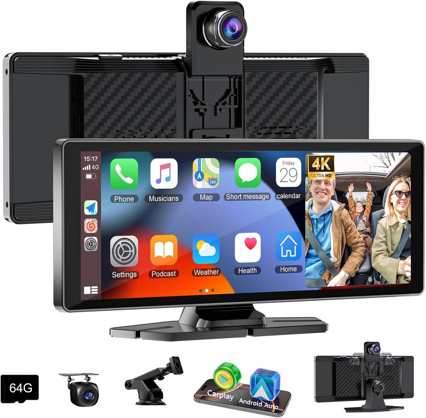 Carplay Screen for Car,10.26" HD Car Stereo for Apple Carplay & Android Auto -with Rotatable 4K Dash Cam & HD Backup Camera, Dual Front/Inside Recording, GPS Navigator for Cars,Trucks