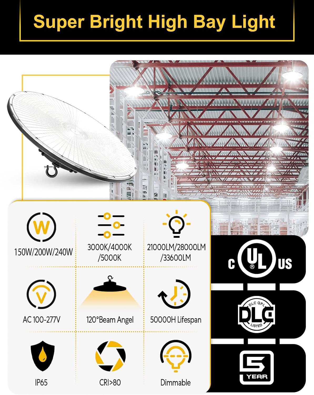 UFO LED High Bay Light, 240W/200W/150W Adjustable, UL & DLC Listed 5000K/4000K/3000K Adjustable, 33600LM 0-10V Dimmable IP65 Waterproof High Bay Lights AC100-277V for Warehouse Factory(3 Pack)