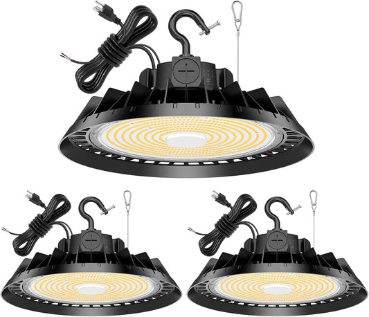 3Pack LED High Bay Lights, 300W UFO High Bay LED Shop Lights, 45000LM Adjustable CCT(5700K 5000K 4500K) & Power(300W 240W 200W), 0-10V Dimmable, 5' Cable Plug, IP65 Waterproof, ETL & DLC Listed