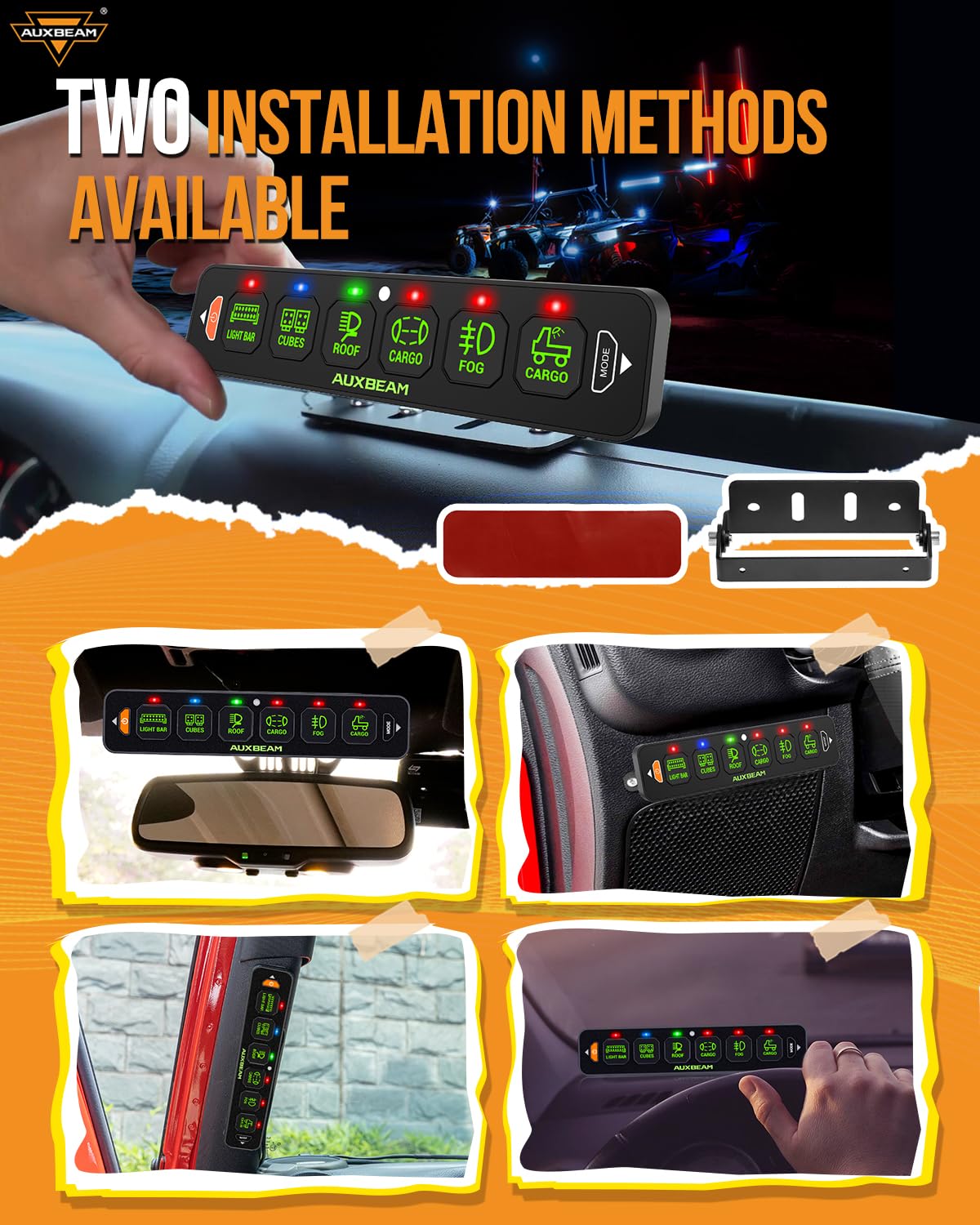 Auxbeam 6 Gang Slim Switch Panel RGB AS-R60 Toggle Momentary Pulsed Dimmable Backlight Multifunction Switch Panel with Memory Function for 12-24V Truck Offroad Car Marine Waterproof