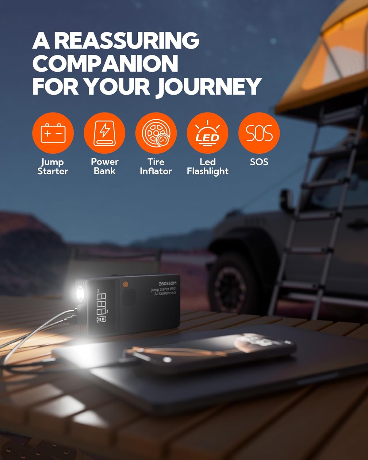 Car Battery Jump Starter with Air Compressor,44.4Wh Battery Jump Box with Tire Inflator,Car Jump Booster with Smart Jumper Cables,LED Light Emergency Car Kits for Vehicles,Arrancador Ae Batería