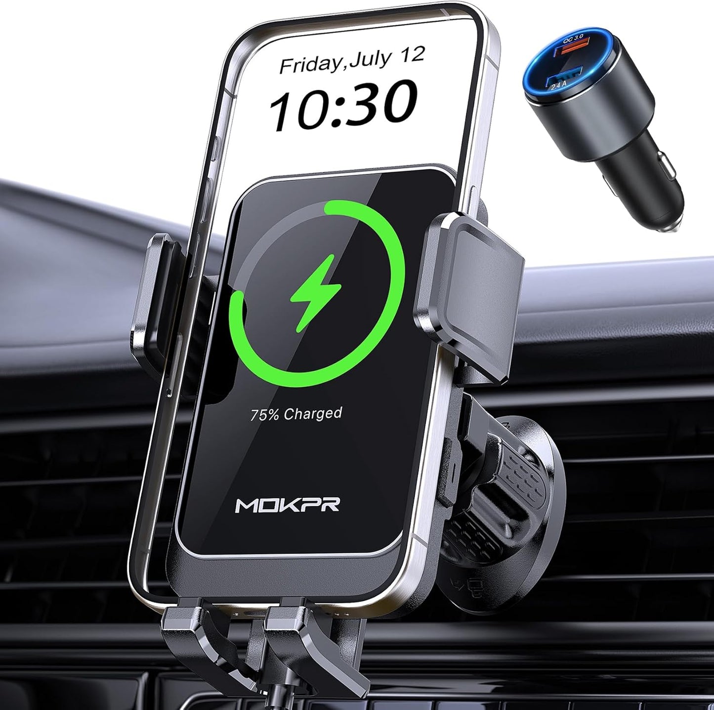 Wireless Car Charger, MOKPR 15W Fast Charging Auto Clamping Air Vent Car Phone Holder with LED Light Car Charger for iPhone 16 15/14/13/12 Pro Max Plus, Samsung S23/S22/S21,etc