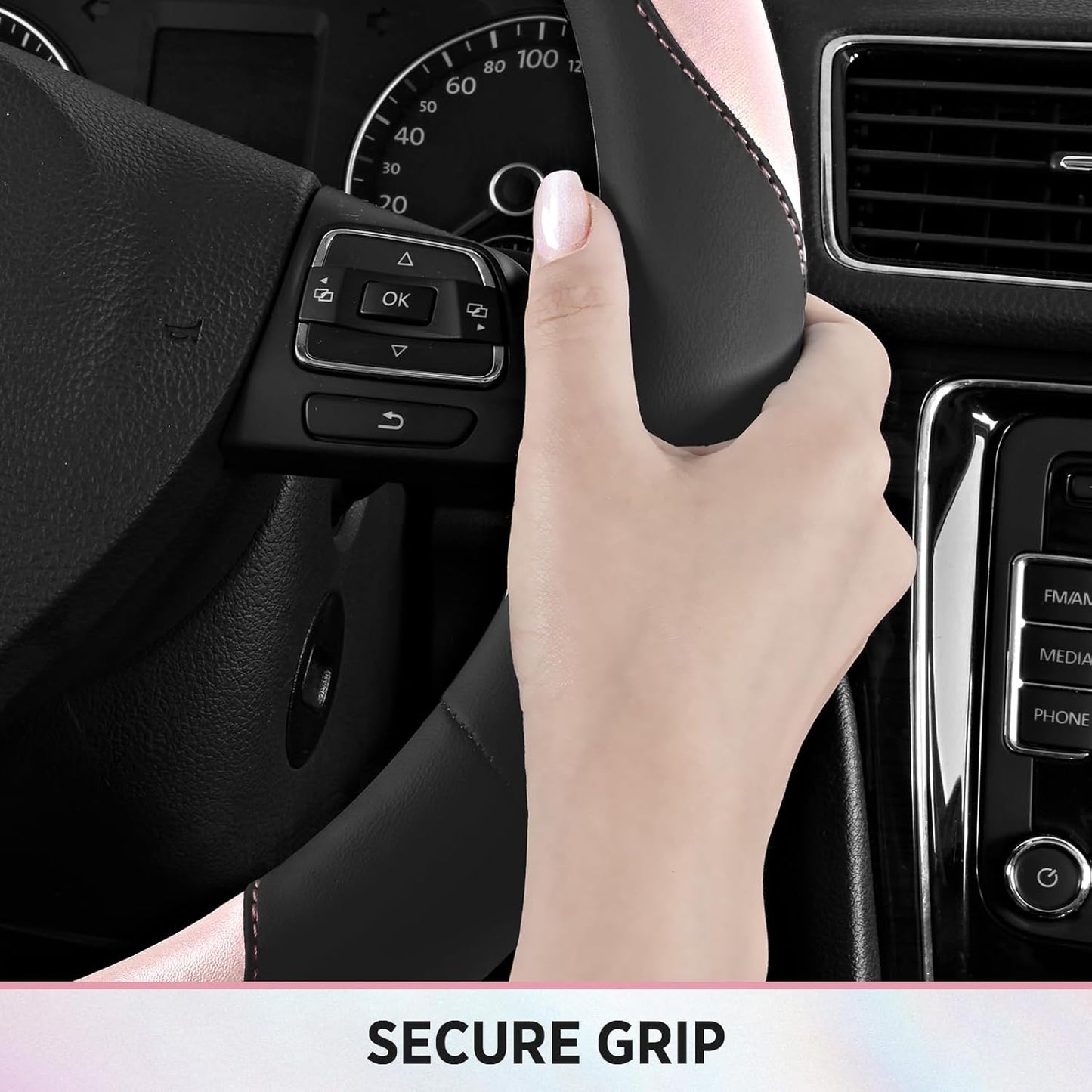 Road Comforts Steering Wheel Cover – Breathable Leather Steering Wheel Cover, Anti-Slip Grip, Universal Fit 14.5” to 15”, Heat & Cold Resistant for Cars, SUVs, and Trucks – Black & Pink