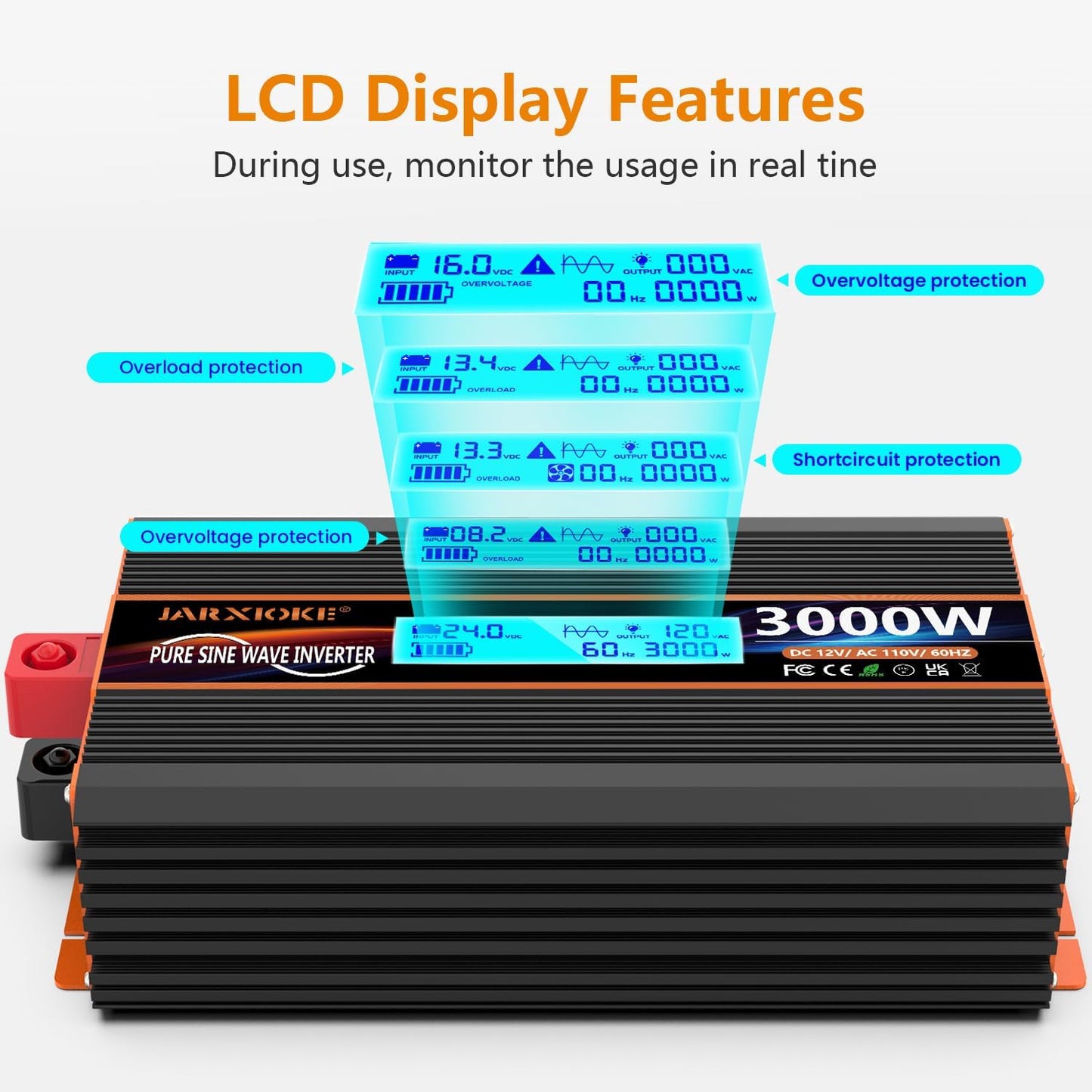 3000 Watt Pure Sine Wave Power Inverter 24V DC to 110V 120V Converter for Family RV Off Grid Solar System Car with Type-C Ports 4 AC Power Outlets Dual USB Ports LCD Display Wireless Remote Control