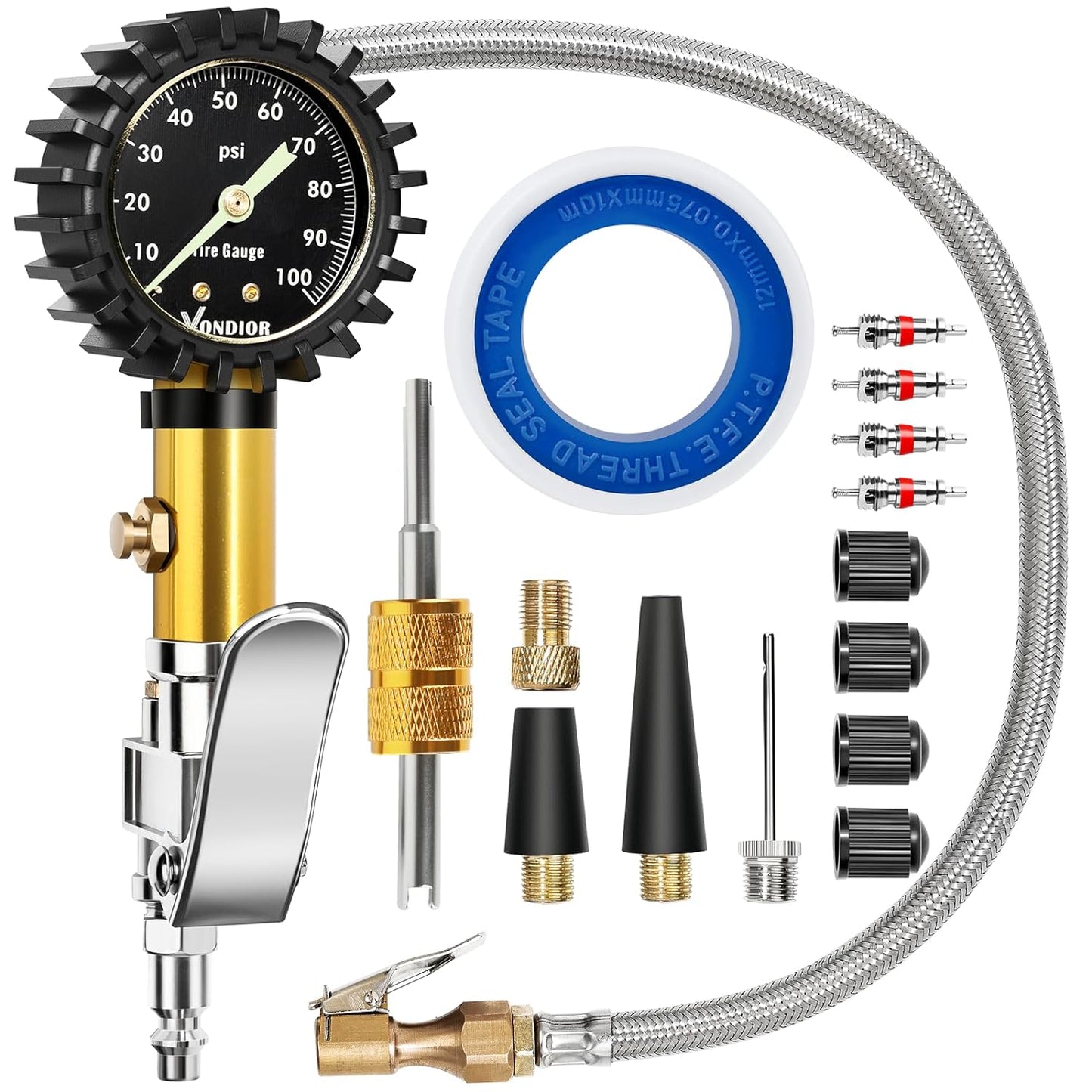 Vondior Tire Inflator with Pressure Gauge(0-100 PSI) - ANSI B40.1 Accurate, Large 2" Glow Dial, Premium Braided Hose, Durable Rubber Hose, Perfect for Any Car, Truck, Motorcycle, RV
