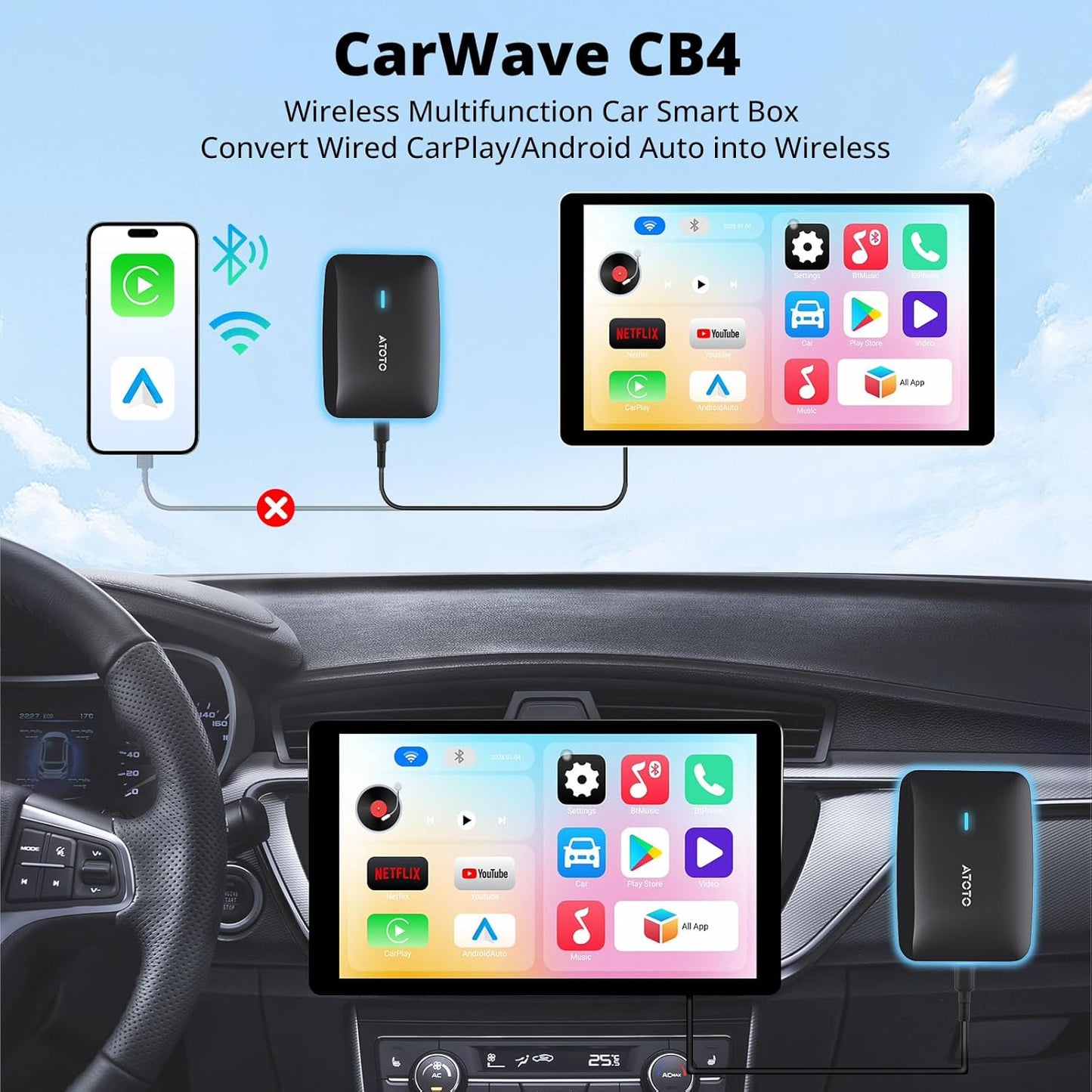 Portable AI Box CarPlay -2025 Upgrade Wireless CarPlay Adapter Compatible with YouTube, Plug & Play Smart AI Box Support DriveChat, Dual Bluetooth, Dual Wi-Fi, Max 128GB TF Card (CB4A-N-BK1)