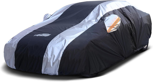 Car Covers for Automobiles All Weather Waterproof with Silver Stripe Design, Universal Fit Ford Mustang, Chevrolet Camaro, Toyota Camry, Honda Accord Civic, Nissan Altima,Tesla Model 3