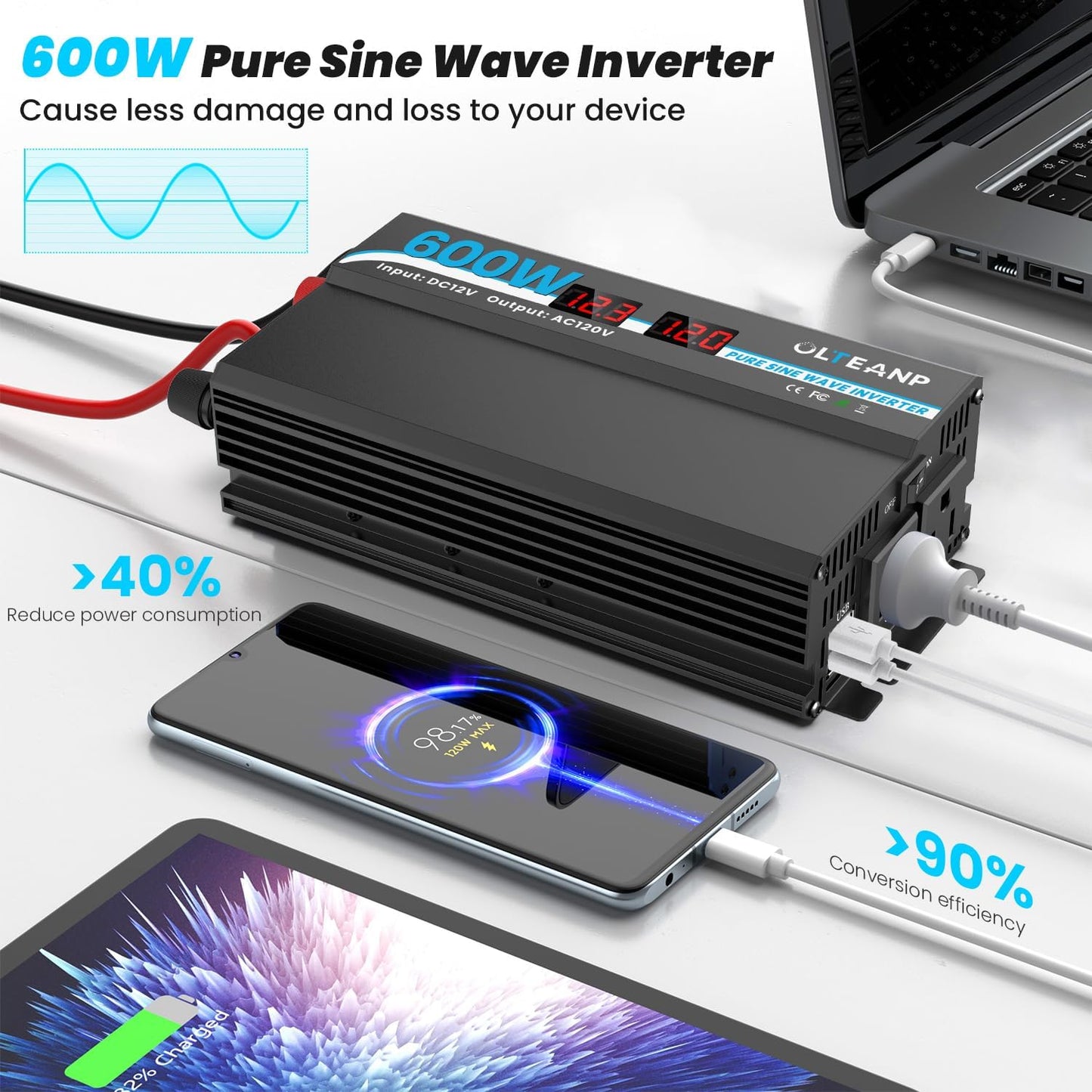 600W Power Inverter Pure Sine Wave Inverter 12V DC to 120V AC Converter for Car, Truck, Home, Vehicles, Laptop, Car Inverter 12V to 110V with 2 AC Outlets, 2 USB Ports, LCD Display