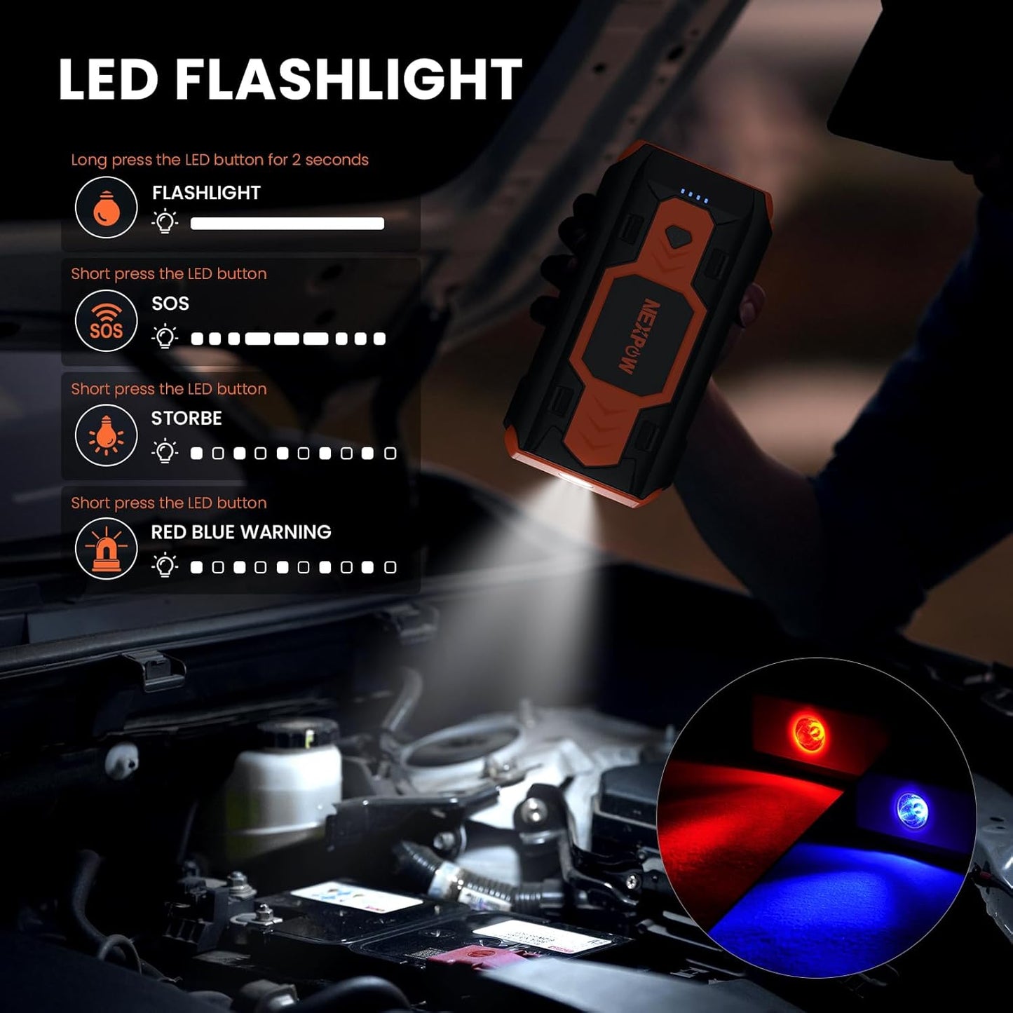 NEXPOW Car Battery Jump Starter 3000A, Portable Jumper Starter (up to 8.0L Gas/8L Diesel Engines) 12V Car Battery Booster Pack with USB Quick Charge 3.0 and 4 LED Modes Red Blue Warning