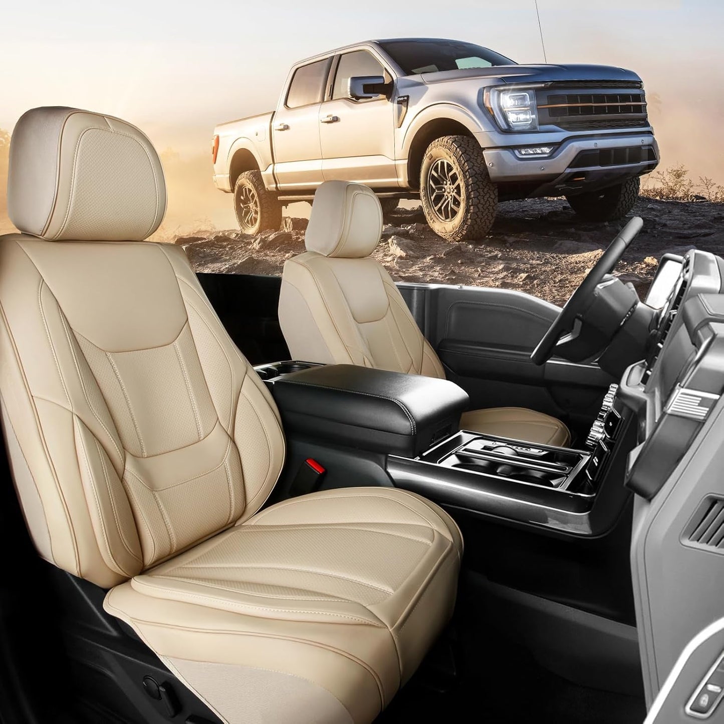 Coverland Custom Car Seat Covers Compatible with Colorado, Ram 1500, Canyon, Sierra 1500 - Premium Leather Non-Slip Waterproof Interior Protector Front Seat-Beige [See Size Chart-Size A11]