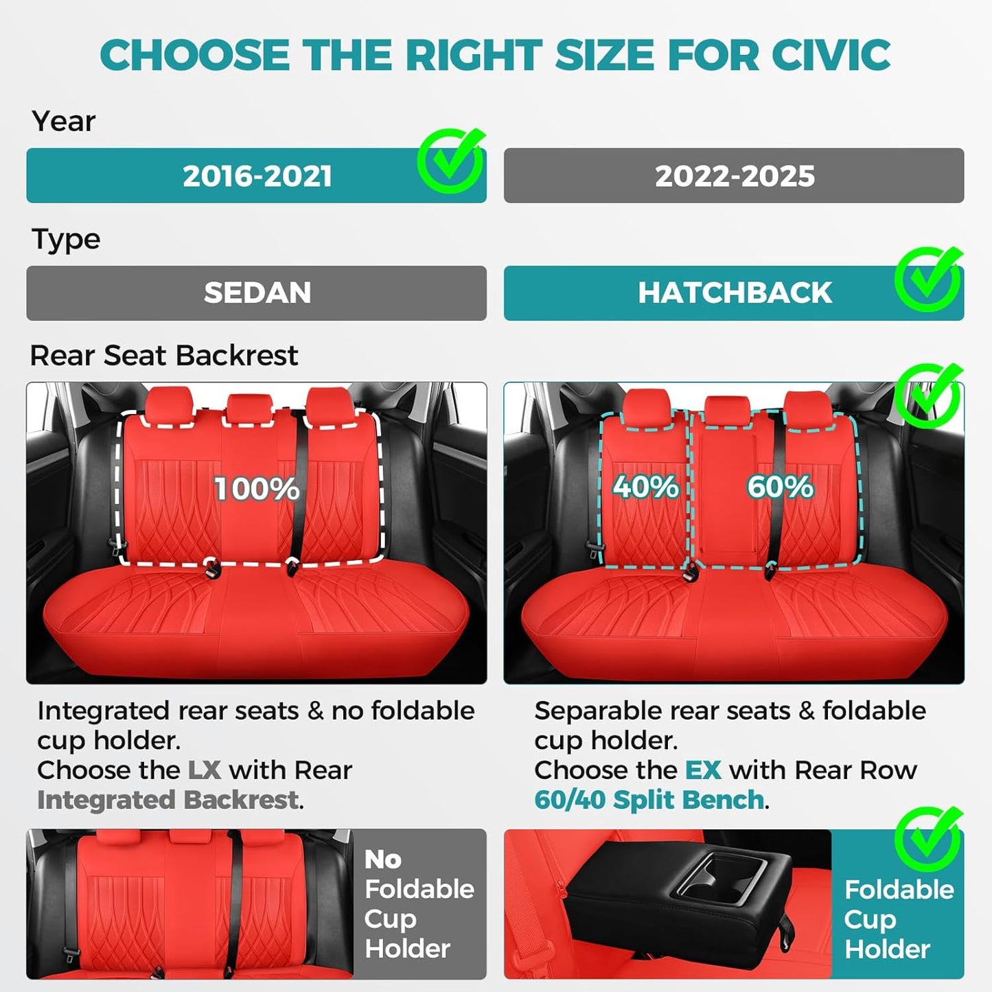 Seat Covers for Honda Civic Hatchback EX, Sport Touring, EXL 2016 2017 2018 2019 2020 2021, Faux Leather Car Seats Cover Full Set(Rear Row 40/60 Split & Folding Backrest)-RED