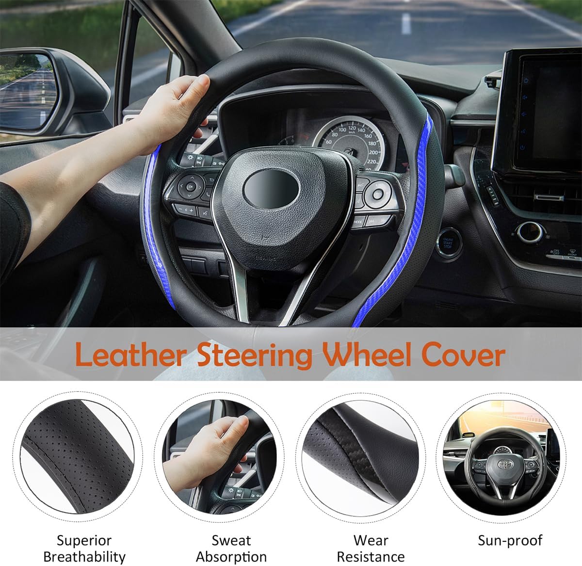 Steering Wheel Cover Blue, Carbon Fiber Car Steering Wheel Covers with Coasters Universal 14.5-15 inch Leather Microfiber Breathable Anti-Slip Steering Wheel Accessories Set