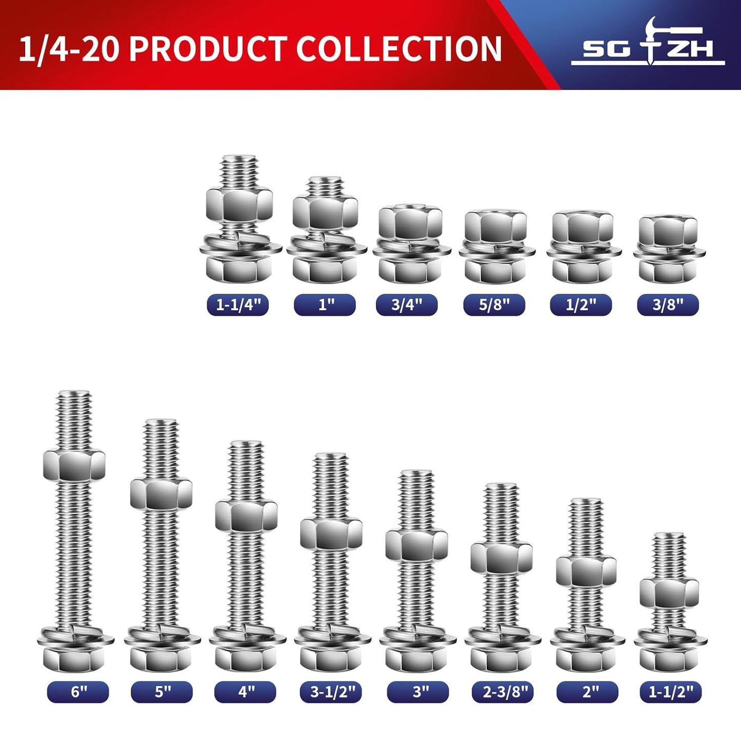 1/4-20 x 3/4" Hex Head Screw Bolt, Nuts, Flat & Lock Washers, 20Pcs 18-8 (304) Stainless Steel, Fully Threaded, by SG TZH