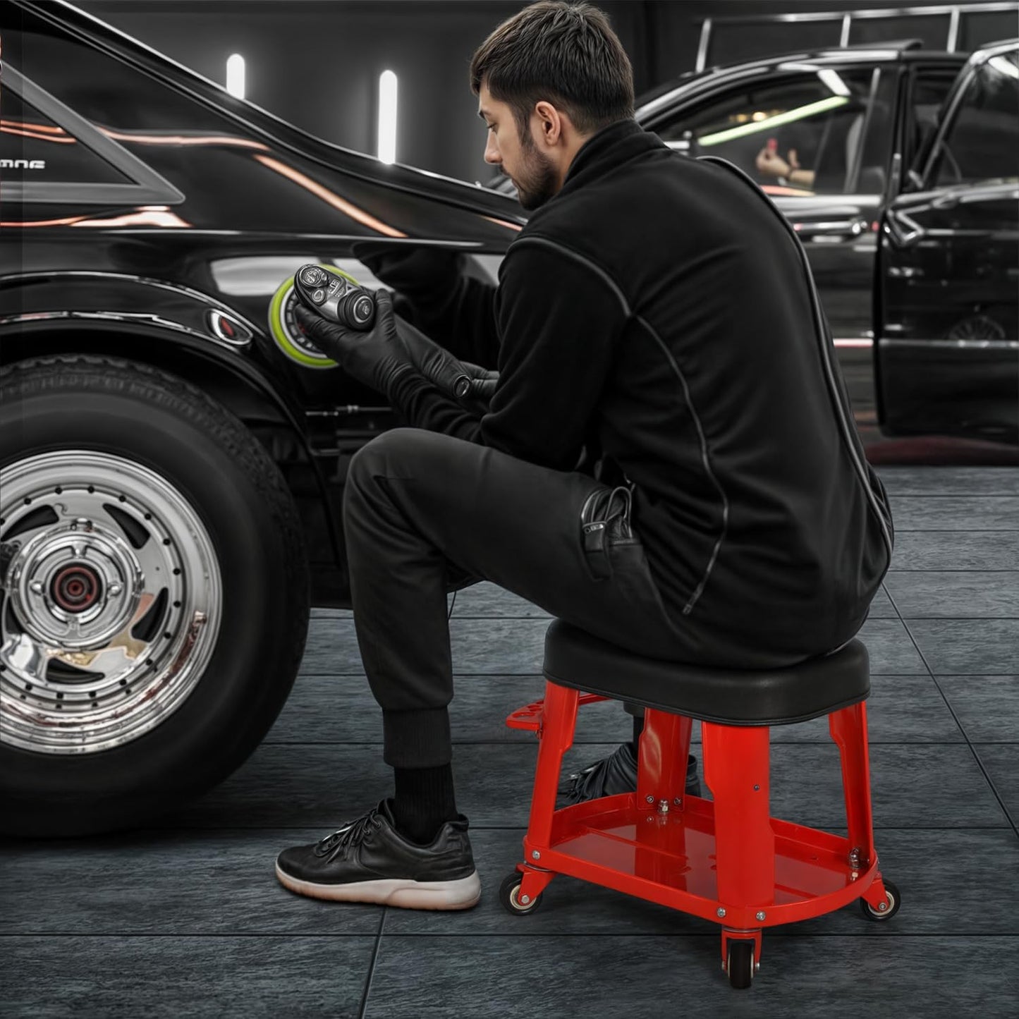 M-AUTO Heavy Duty Garage Rolling Work Seat 300LBS Capacity Mechanics Stool with Wheels, Rolling Work Seat with Equipment Tray and Tool Rack, Rectangle Seat Mechanic Roll Chair, Red