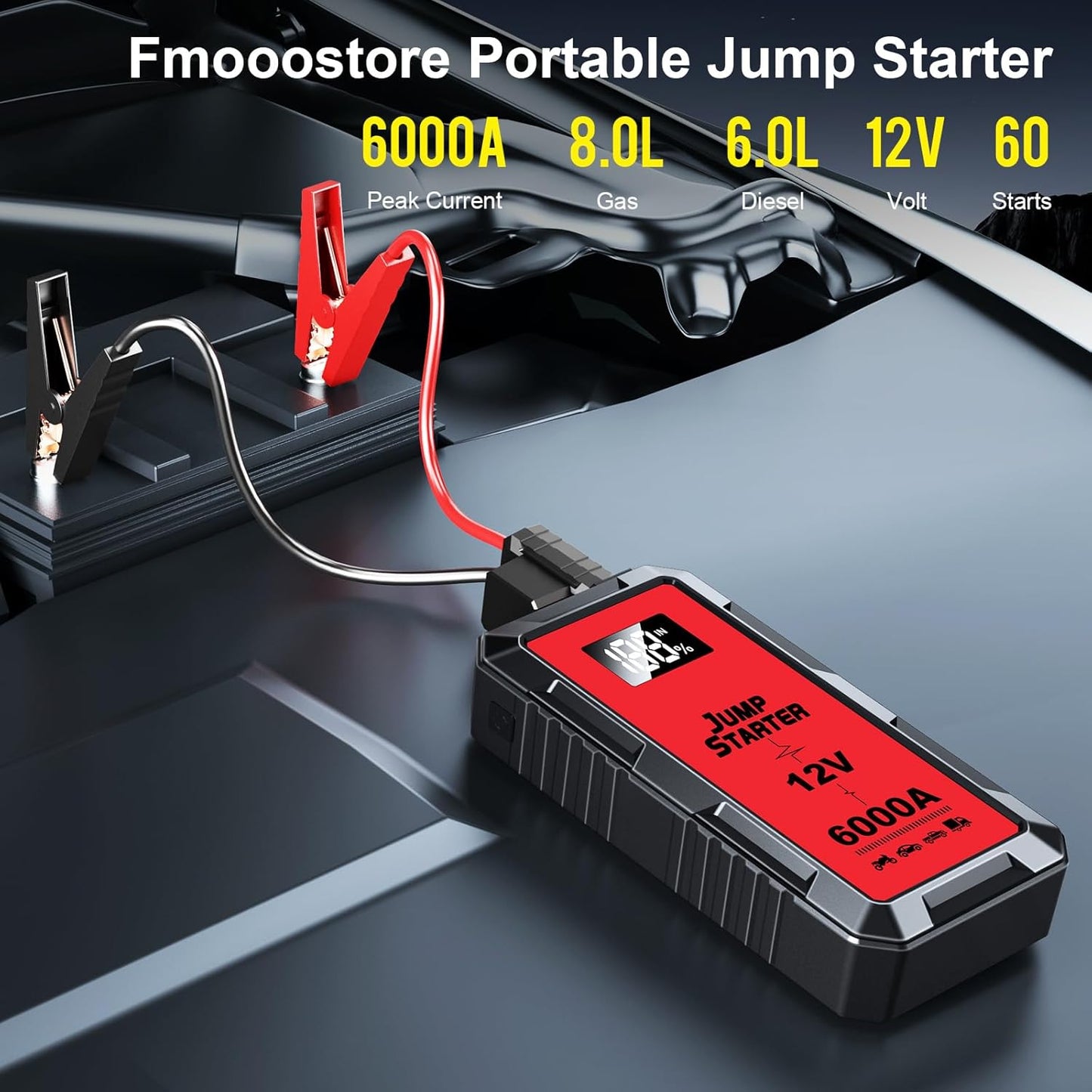 Car Battery Jump Starter with 6000A Peak Smart Clip LCD Display and 3 Modes Flashlight for Up to All Gas and 10.0L Diesel Engine 12V Auto Battery Booster Jumper Cables Portable Lithium Jump Box