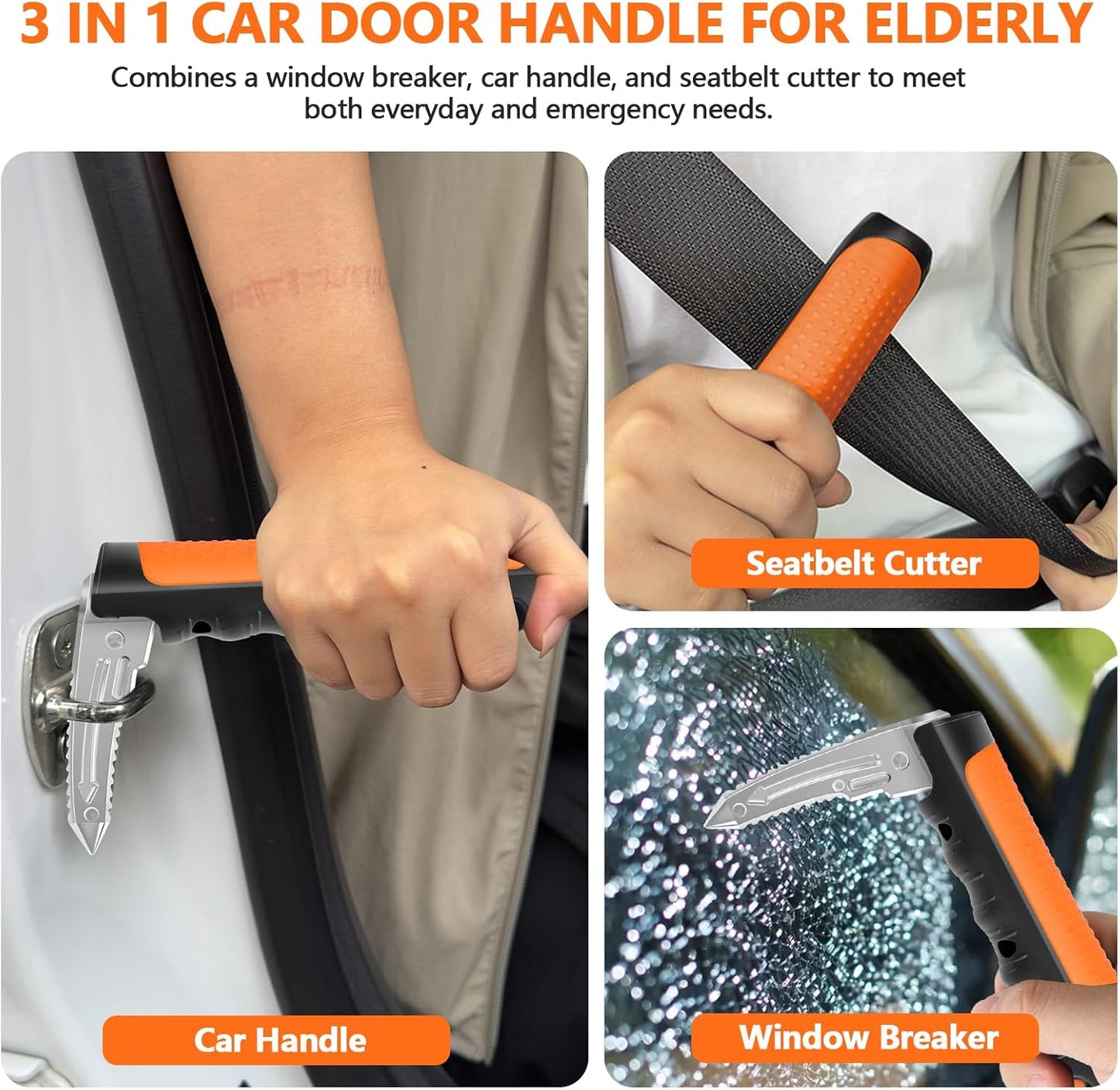 Car Door Handle for Elderly - 2025 New 3 in 1 Car Handle Assist, Auto Cane Portable Vehicle Support Handle Door Assist Bar, Max Load: 500 Lbs, Anti-Slip Design (Orange)