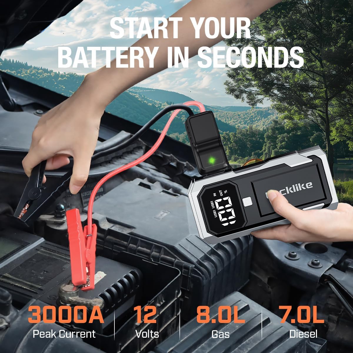 Lucklike Car Battery Jump Starter Portable, Jump Starter Battery Pack for 8.0L Gas/7.0L Diesel Engines,12V Jump Box with Portable Charger Power Bank, 3 Modes Emergency Light and Jumper Cable