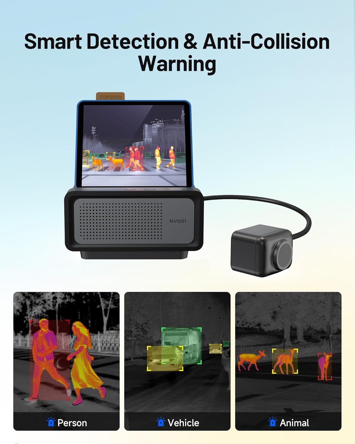 TOPDON NV001 Thermal Camera for Cars, Automotive Thermal Night Vision System with 656ft Long-Range Vision, AI Recognition of People, Vehicles, and Animals, Anti-Collision Warning, IP69K Waterproof