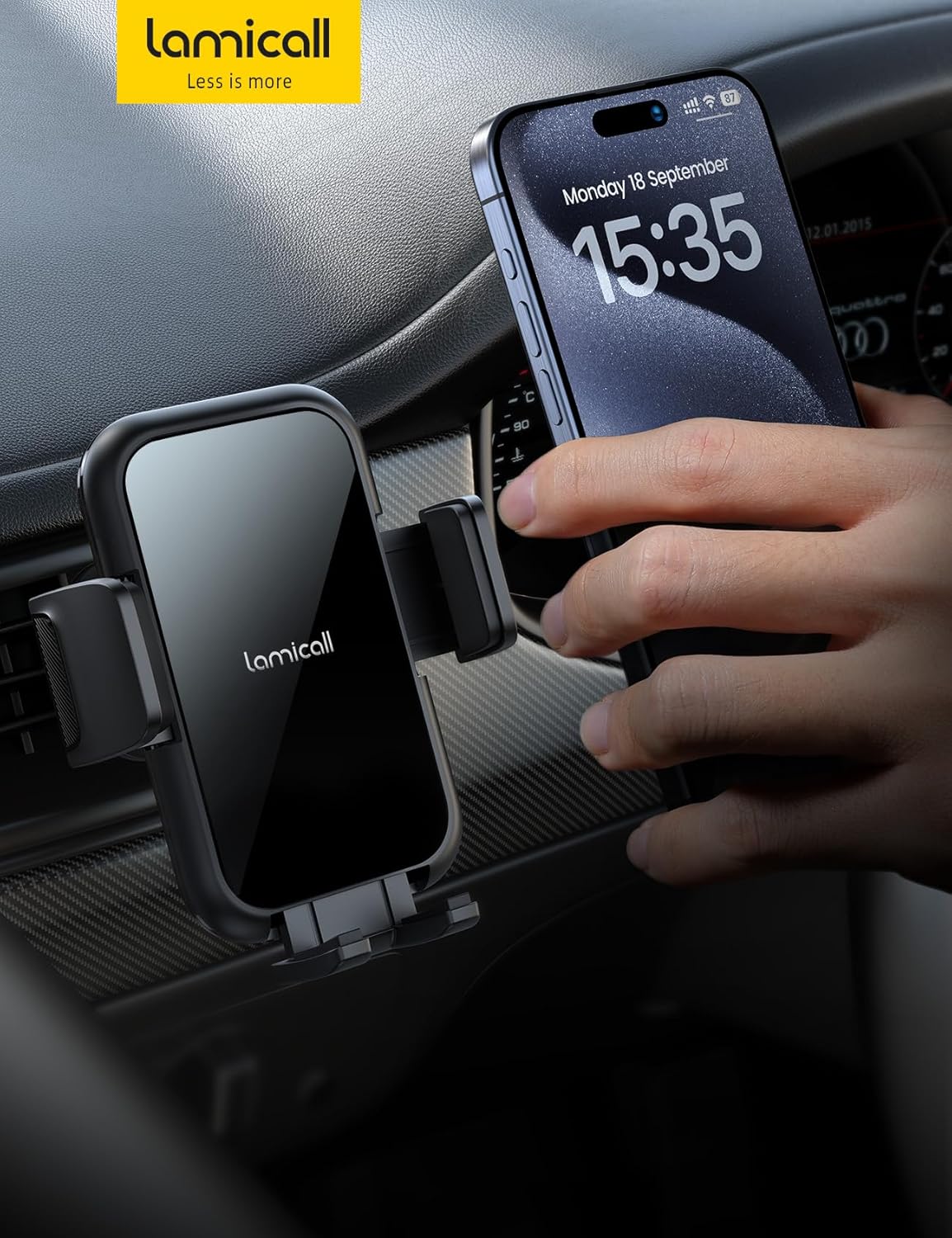 Lamicall 2025 Wider Clamp & Metal Hook Car Phone Holder Vent [Thick Cases Friendly] Phone Holders for Your Car Mount Automobile Hands Free Cradle Vent for iPhone 15 14 13 Pro Max (Lucite Black)