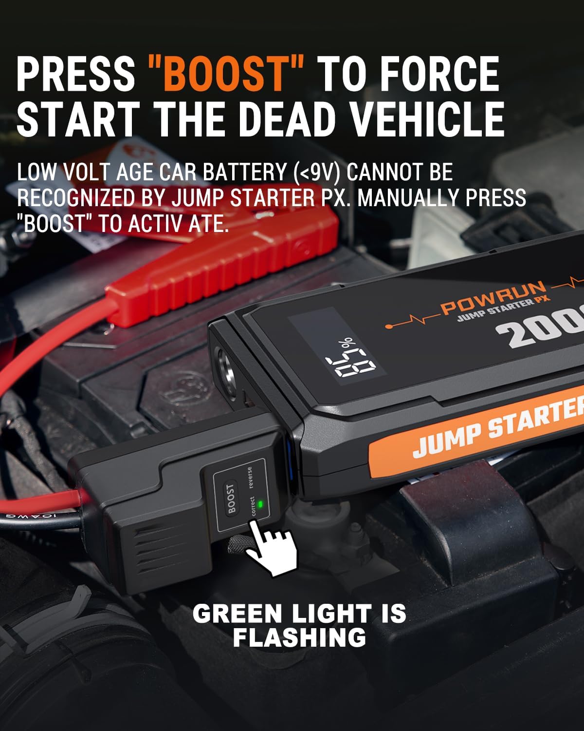 Powrun P-X Jump Starter, 2000A Portable Jump Box - Car Jump Starter Battery Pack for up to 6.0L Gas and 5.0L Diesel Engines, 12V Battery Jump Starter with Carry Bag