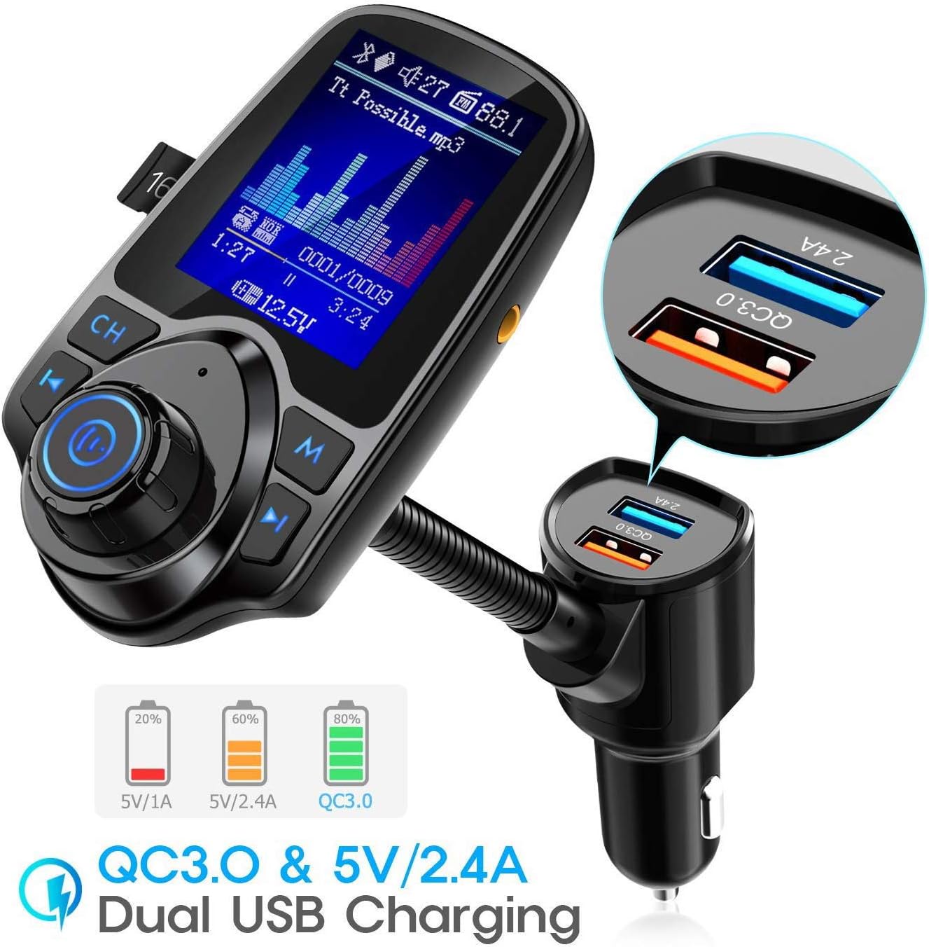 Nulaxy Bluetooth FM Transmitter for Car, 1.8" Color Screen Radio Adapter W QC3.0 & 5V/2.4A Charging, Handsfree Call, Support microSD Card, Aux Play, EQ Modes - KM18 [Upgraded Version] Black