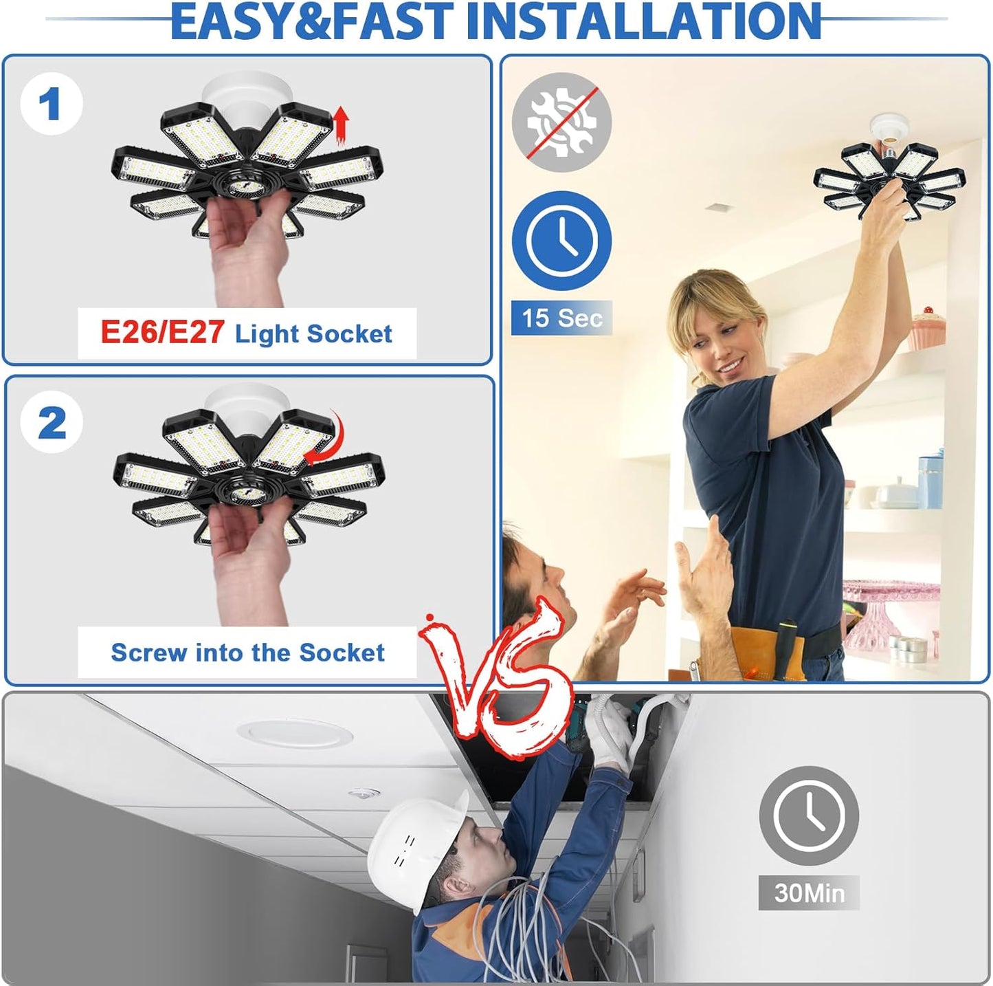 LED Garage Lights Bulb 8 Panels 2 Pack -200W, 20000LM 6500K Led Shop Light with 8 Deformable Panels, Basement Barn Light Garage Ceiling Lights