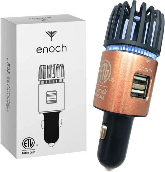 Enoch Car Air Purifier Premium Air Ionizer - 12V Plug-In Ionic Ozone Deodorizer Accessory with Dual USB Car Charger - Eliminates Cigarette Smoke, Pet and Food Odors, Dust (Rose Gold)