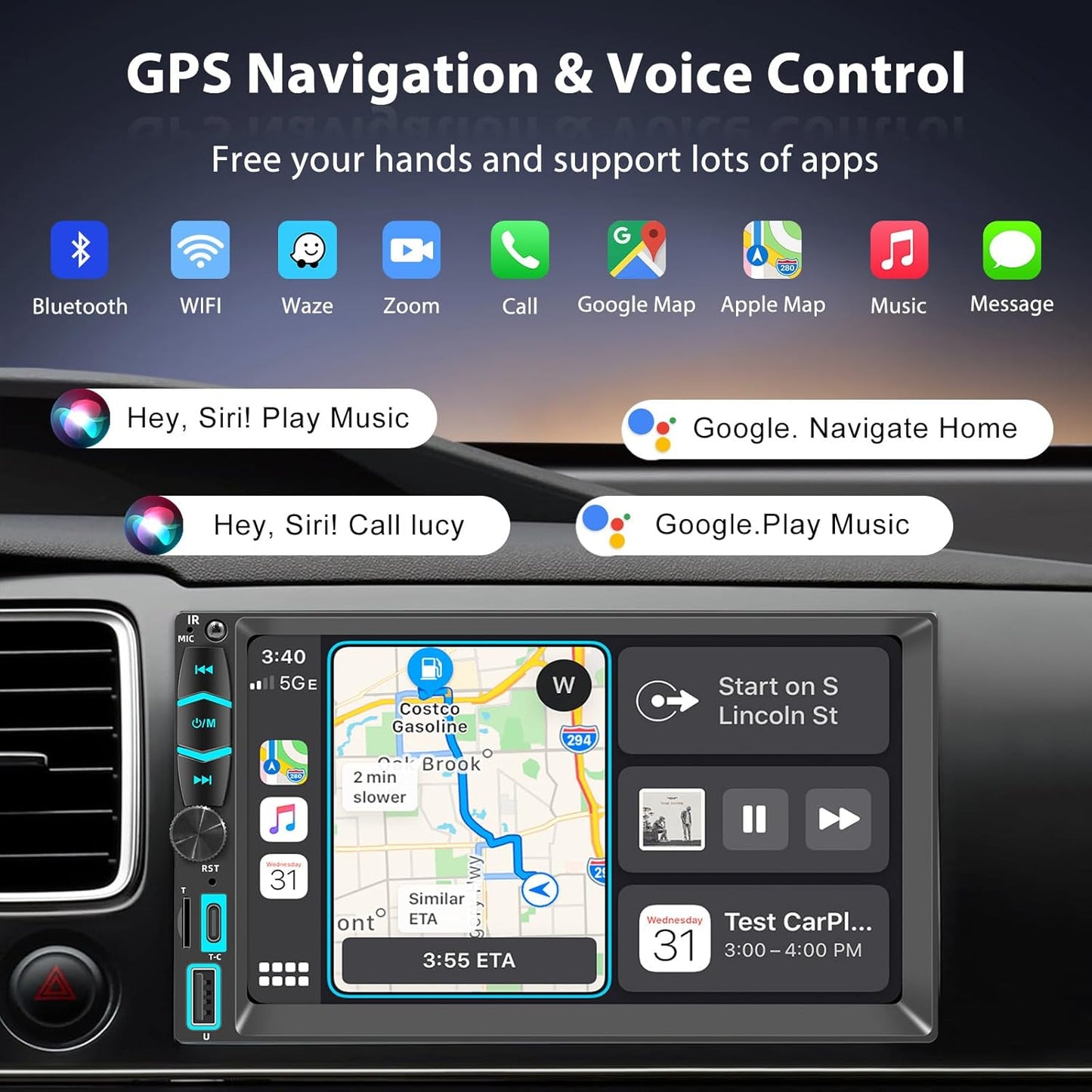 7" Wireless Double Din Car Stereo Apple Carplay Radio Screen for Car Audio Receivers, Bluetooth Car Play Android Auto Touchscreen, Mirror Link, Backup Camera, SWC, AM/FM, AirPlay, Type-C