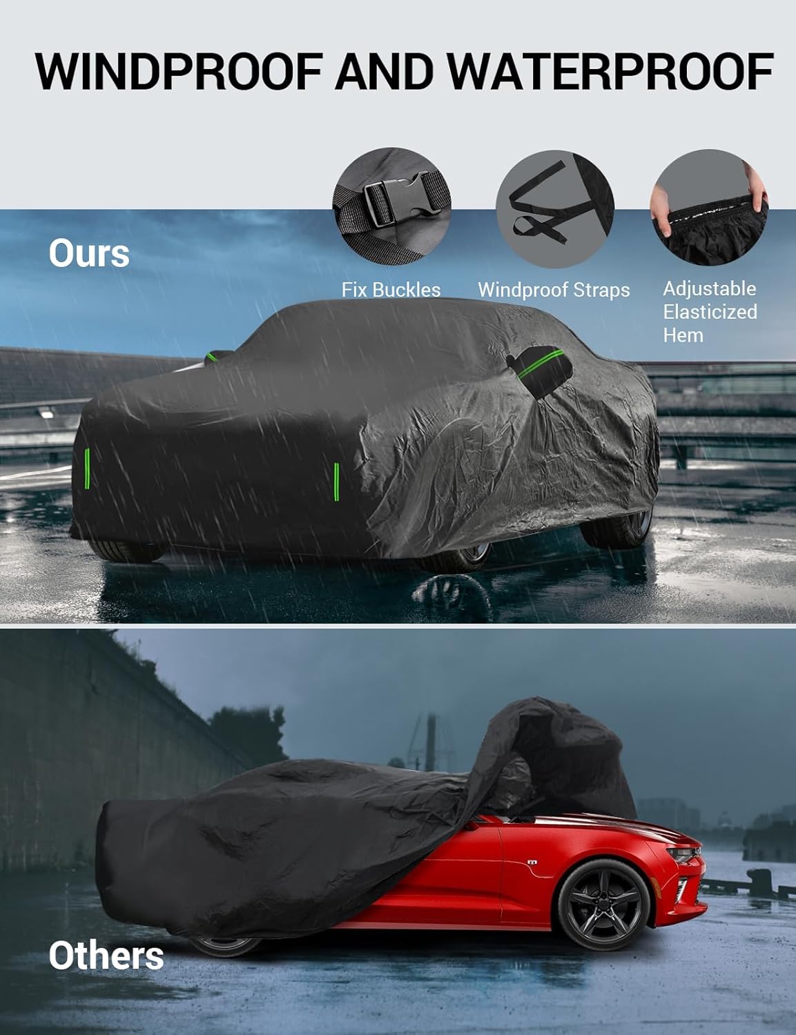 Proadsy 2025 Upgrade Car Cover for Ford Mustang 1994-2023 2024 2025, Waterproof All Weather, Windproof Snowproof Rain Hail Sun UV Protection Full Outdoor Indoor Exterior Car Covers, Black