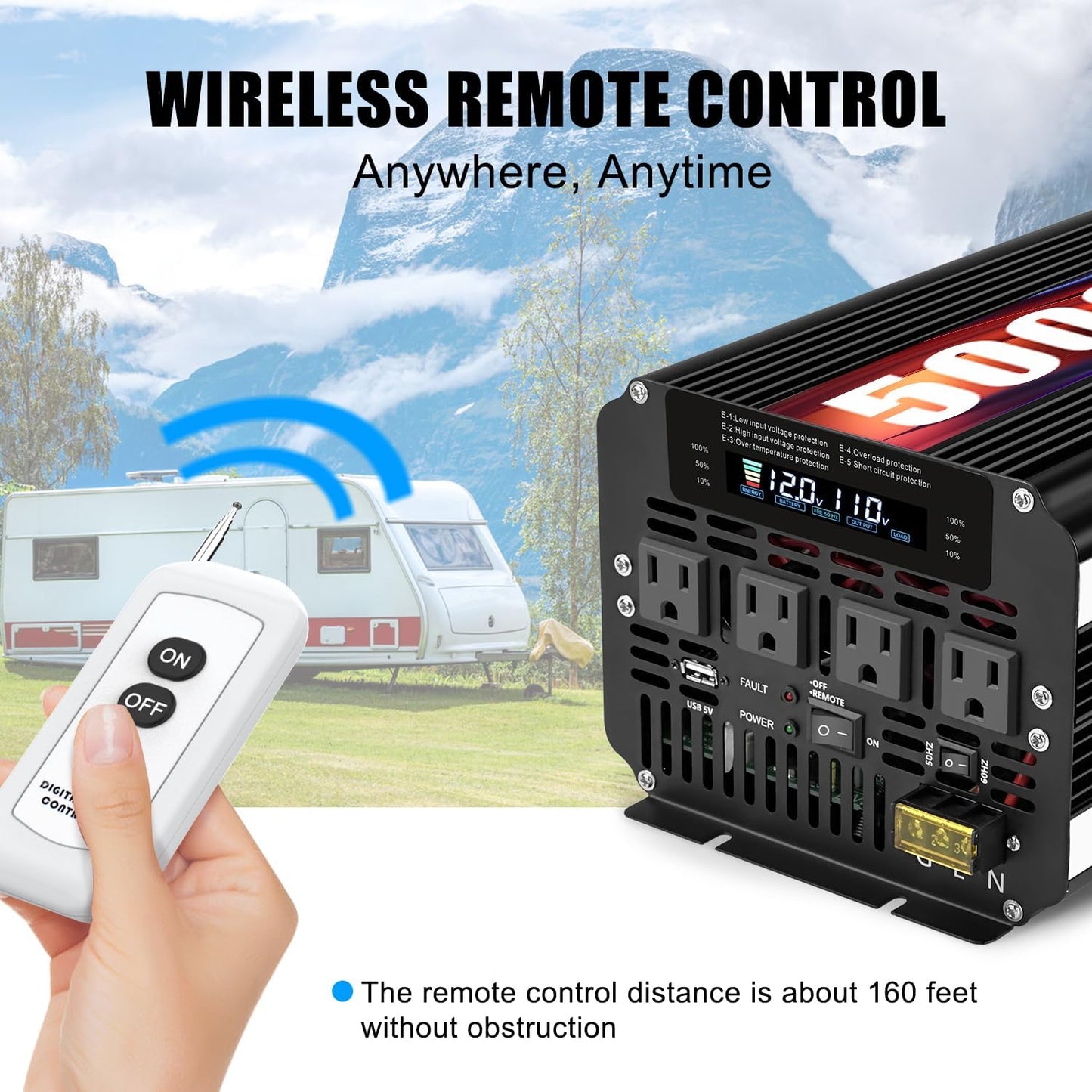 LVYUAN 5000 Watt Power Inverter 12V to 110V 120V for Vehicle, Solar Inverter System, Heavy Duty, RV, Truck, Off Grid,Camping with 4 AC Outlets, LCD Display, Wireless Remote Control, Car Power Inverter