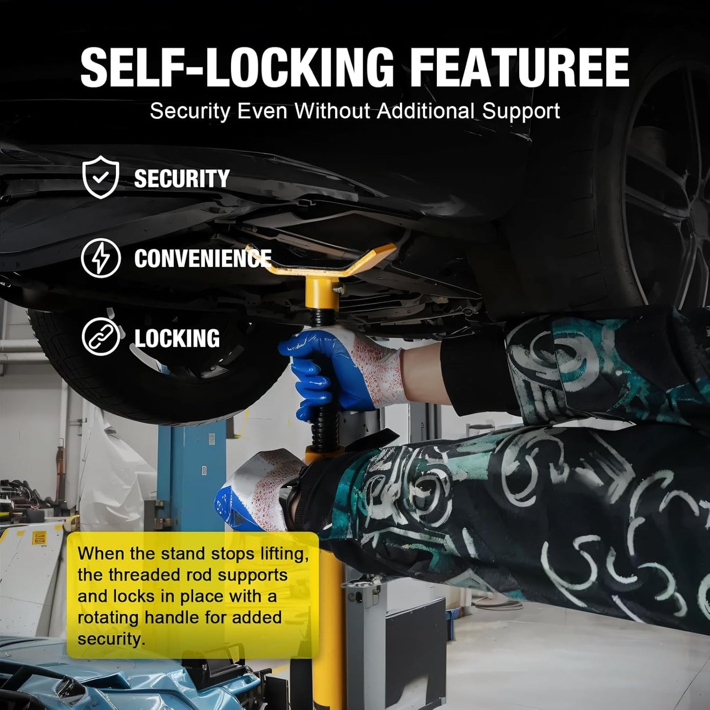 YELLOW JACKET Underhoist Support Stand 3/4 Ton Capacity Lifting from 52.8" to 76", 12 Inch Diameter Base, Bearing Mounted Spin Handle, Contoured Saddle Supports Vehicle Components, Self-Locking Screw