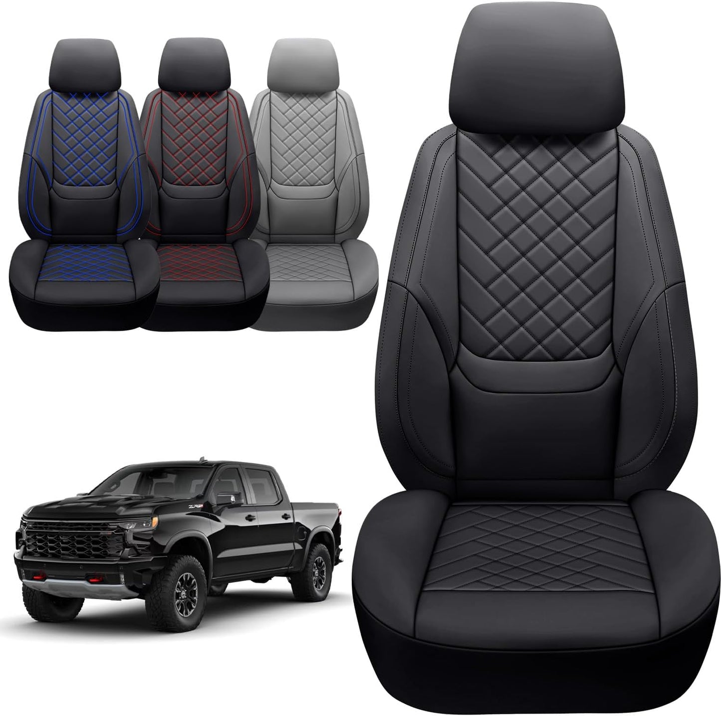 BABYBLU Chevy Chevrolet Silverado GMC Sierra Car Seat Covers Fit 2007-2023 2024 2025 1500/2500HD/3500HD (Black, Full Set)