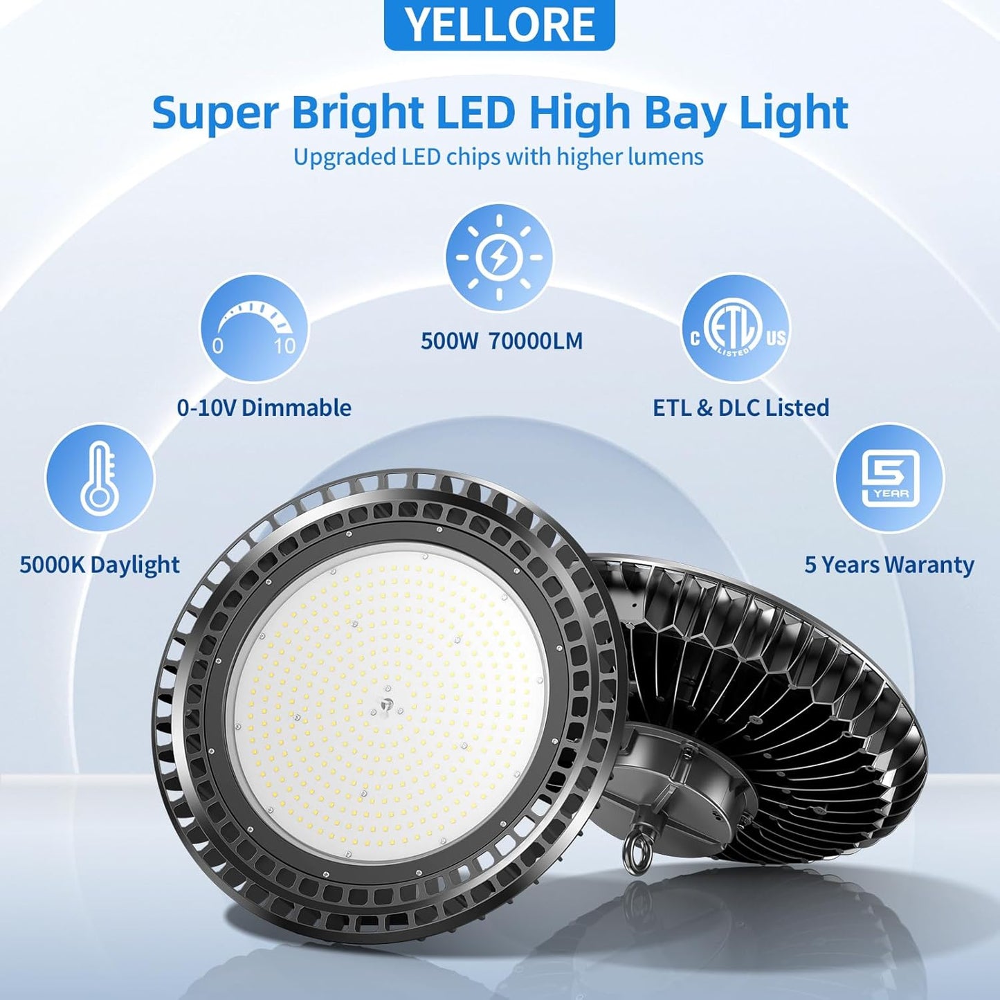 9 Pack 500W LED High Bay Light 72,500LM DLC ETL Listed Industrial Grade UFO Light Dimmable IP65 Waterproof 5000K Commercial Bay Lighting for Warehouse Garage Factory 110V 120V