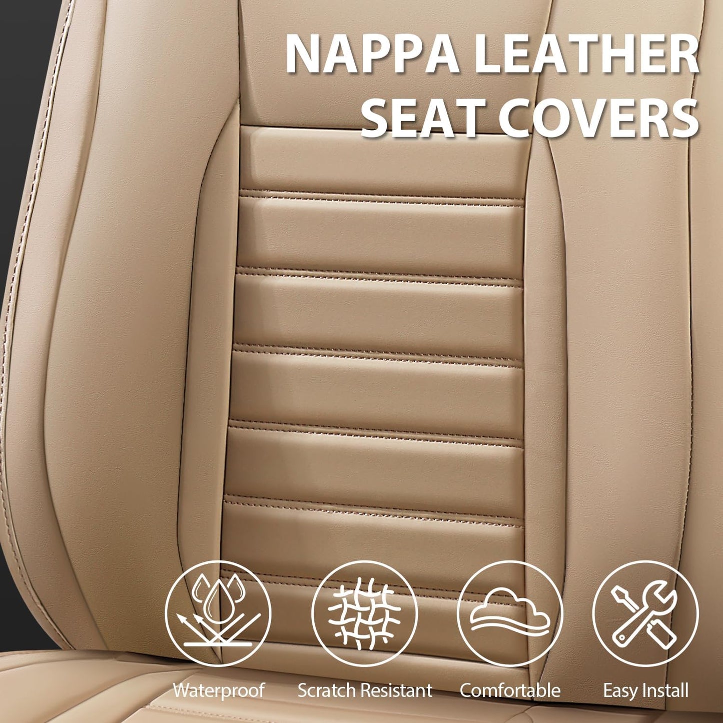 CAR PASS Nappa Leather Car Seat Covers Full Set, Luxury Seat Protector for Cars, Waterproof Anti-Slip Car Seat Cushion Armrest Compatible Airbag Universal for Sedan SUV Pick-up Truck Automotive, Beige